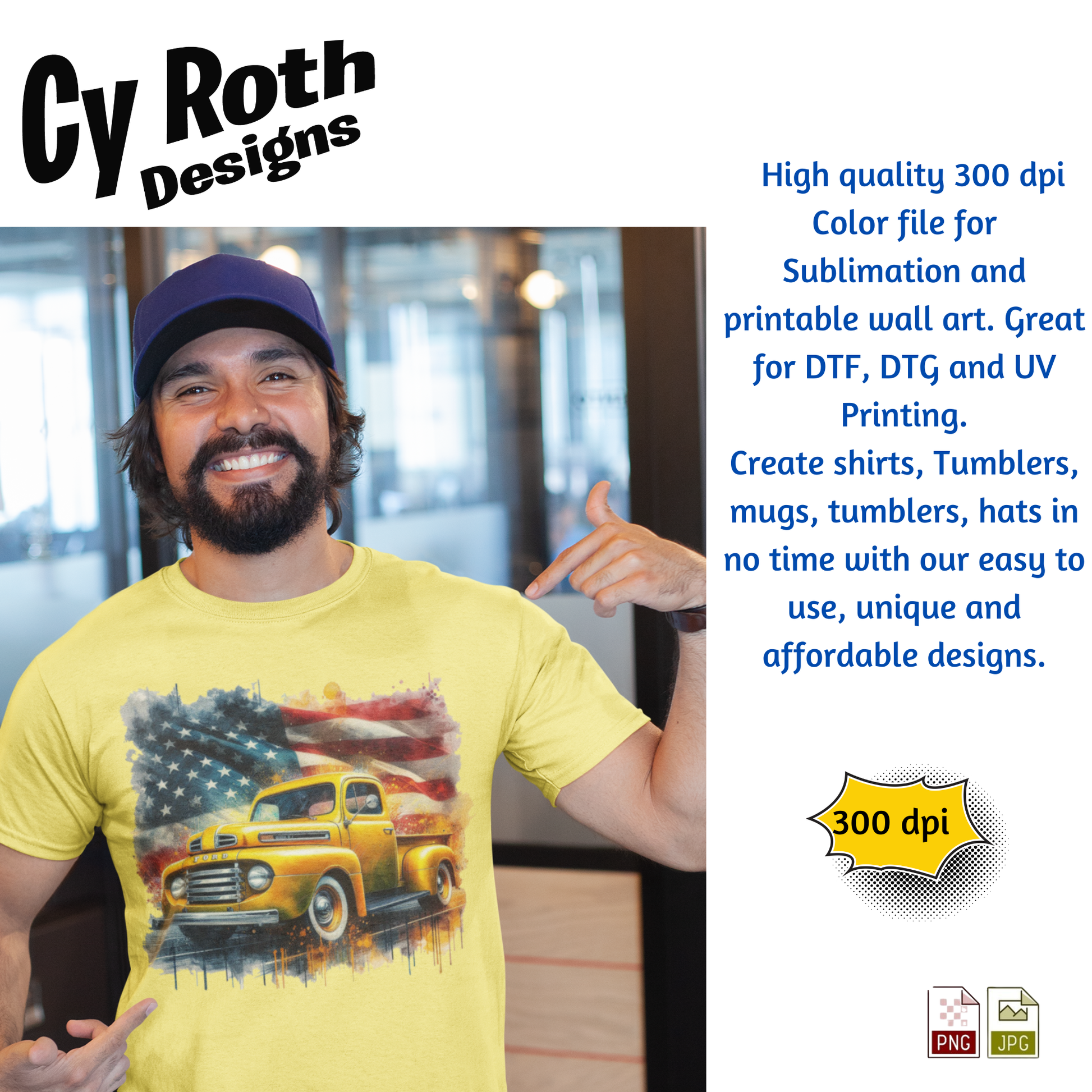 Man wearing a t-shirt with image of a 1950 Ford Truck created with a CyRoth Designs sumblimation print