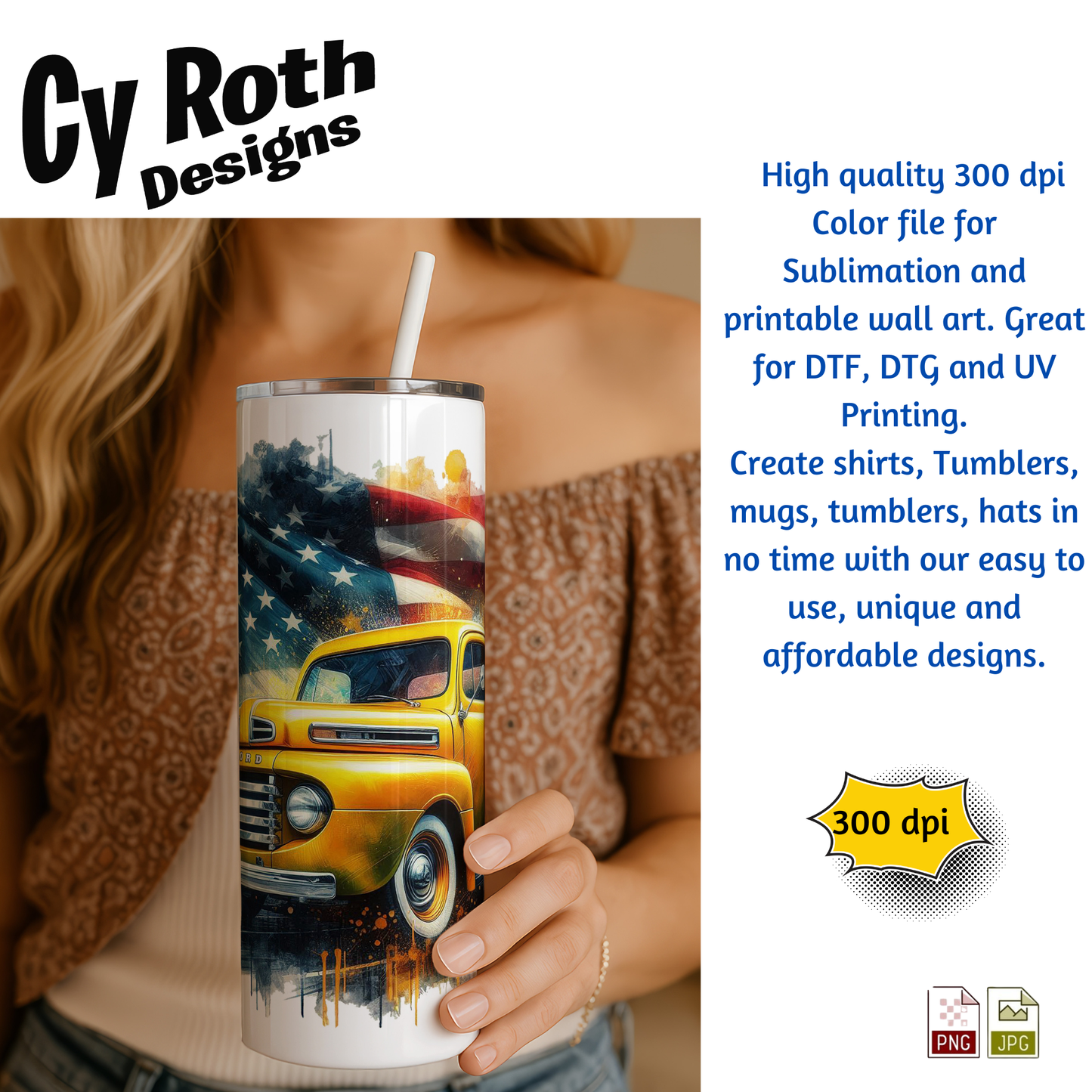 Woman holding a tumbler with image of a 1950 Ford Truck