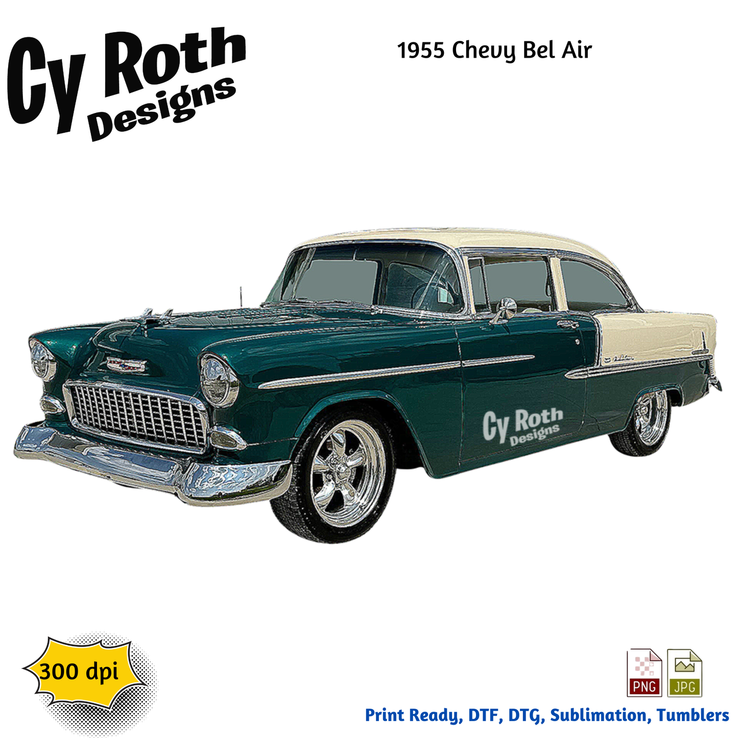 1955 Chevy Bel Air sublimation design for tumblers, T-Shirts, Wall Art (PNG, SVG Digital Download).
