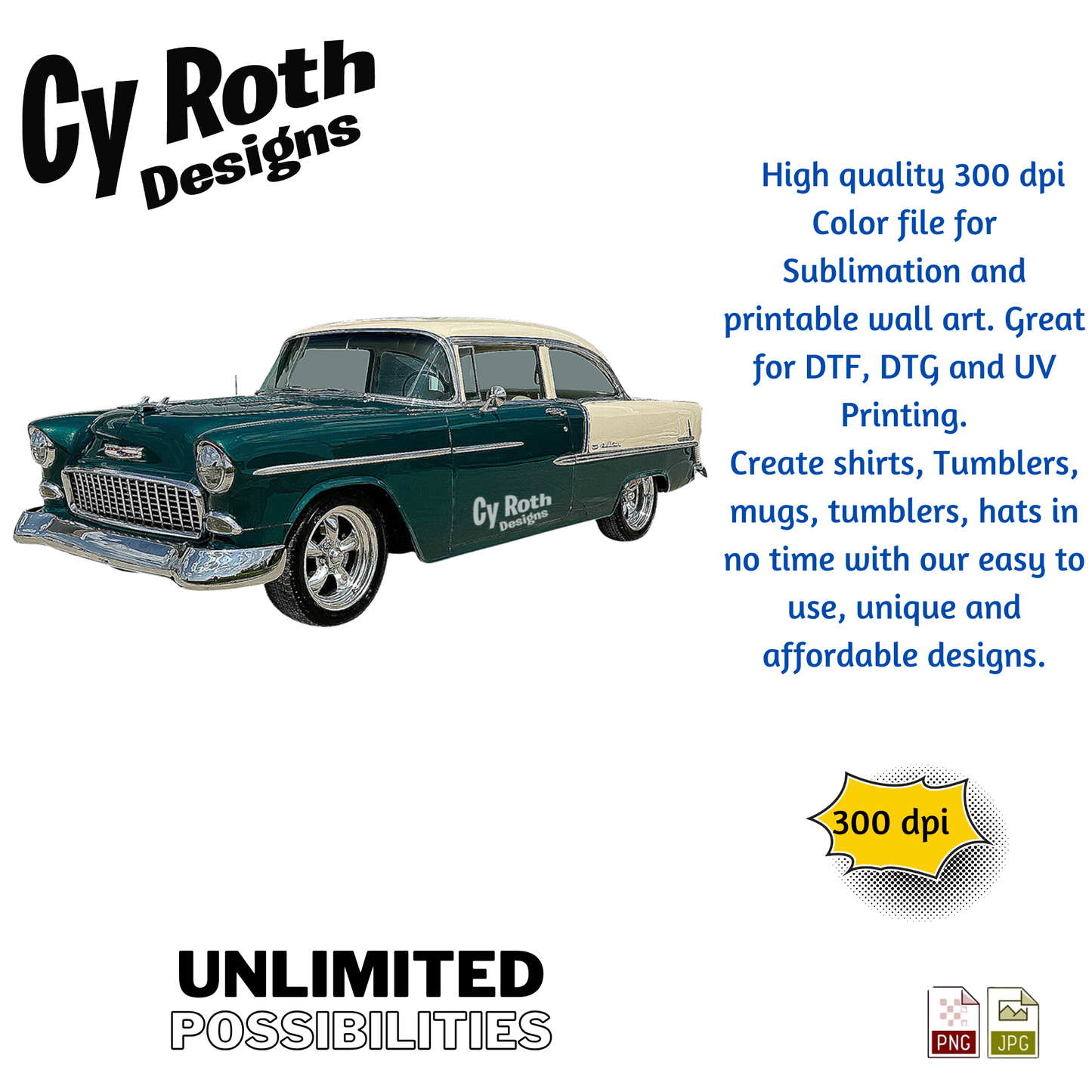 1955 Chevy Bel Air sublimation design for tumblers, T-Shirts, Wall Art (PNG, SVG Digital Download).
