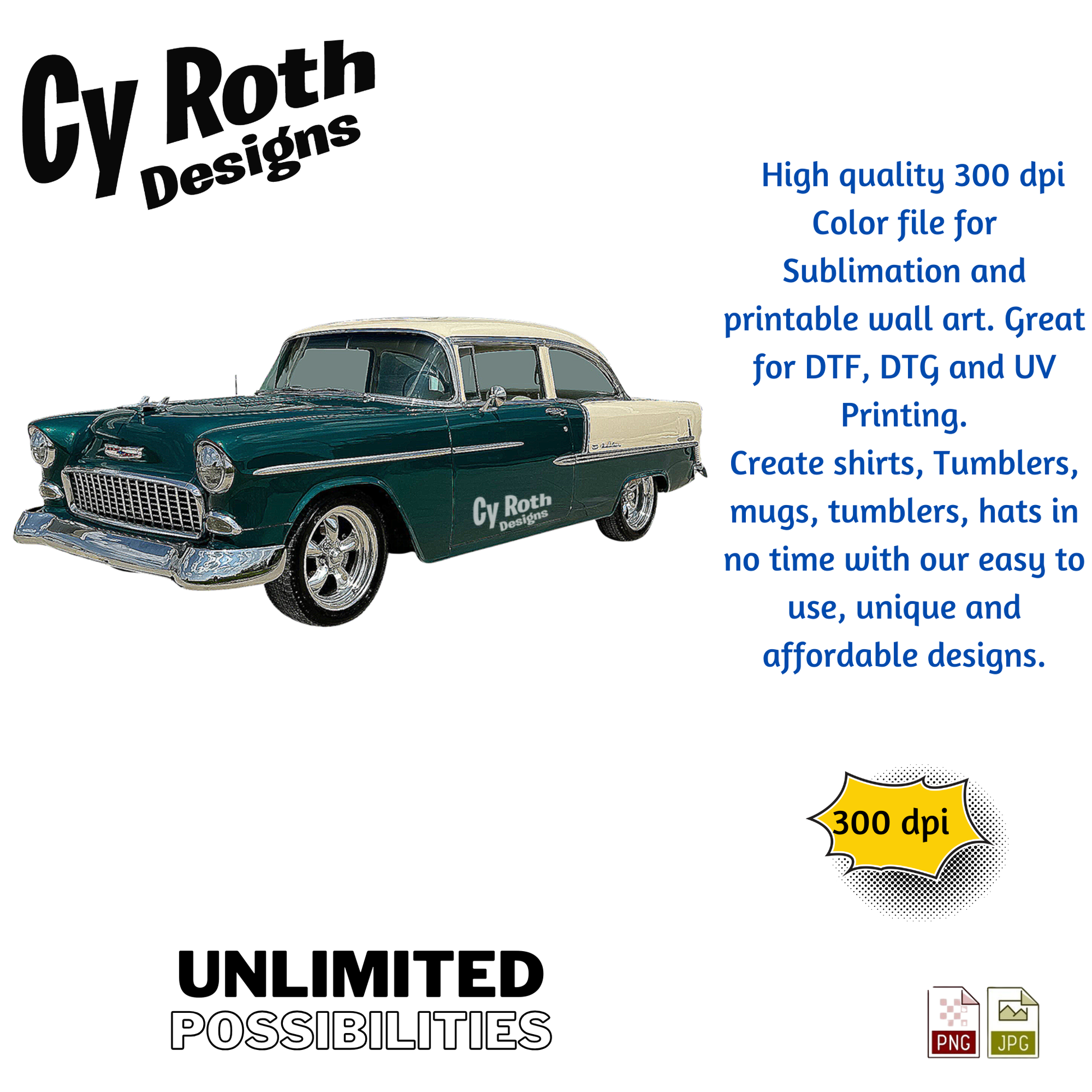 1955 Chevy Bel Air sublimation design for tumblers, T-Shirts, Wall Art (PNG, SVG Digital Download).