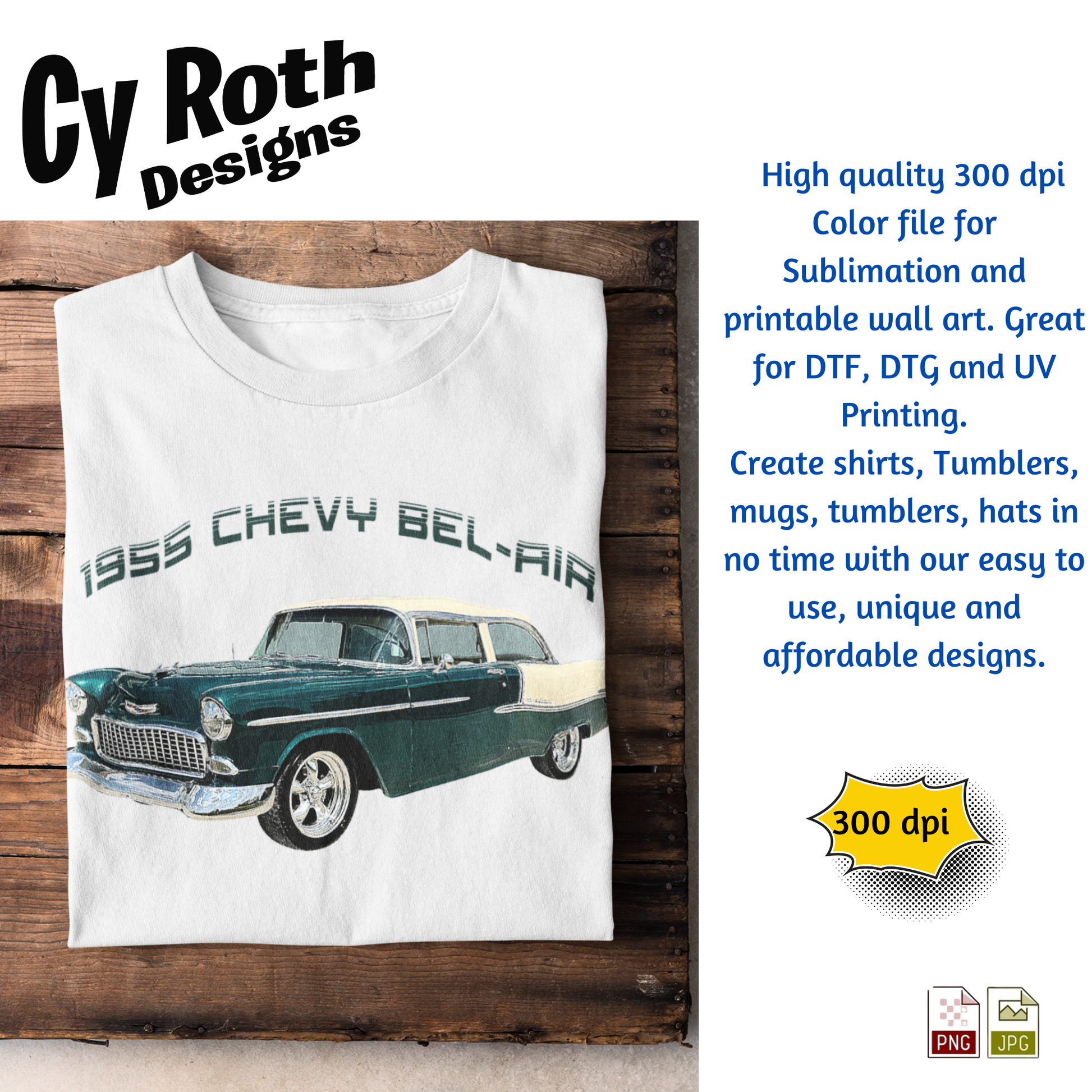 White t-shirt with 1955 Chevy Bel Air sublimation design 