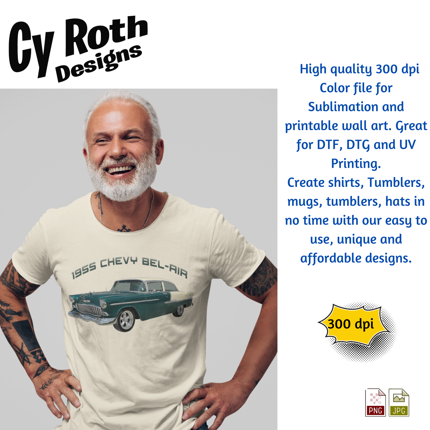 Man wearing t-shirt featuring 1955 Chevy Bel Air sublimation design by CyRoth Designs