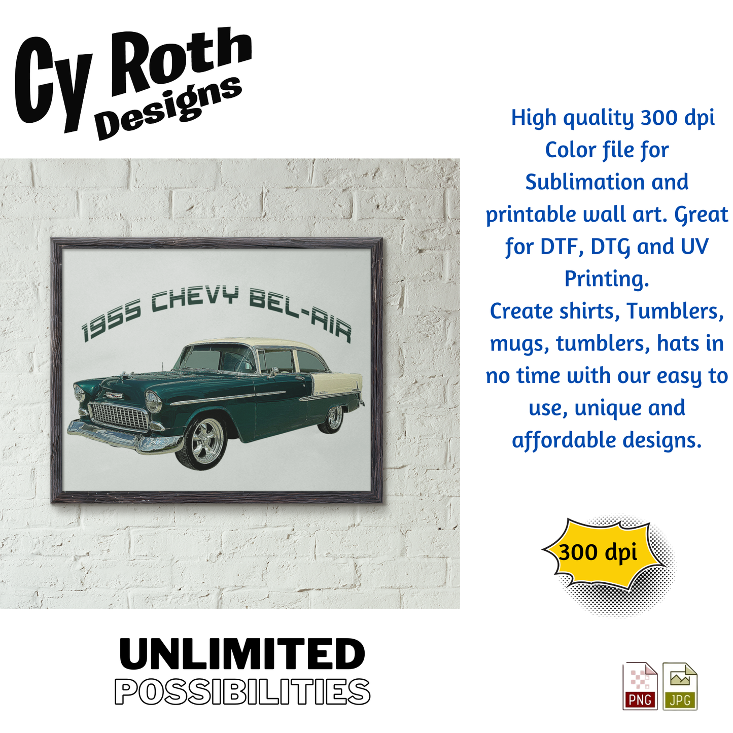 Framed print of a 1955 Chevy Bel-Air on a white brick wall 