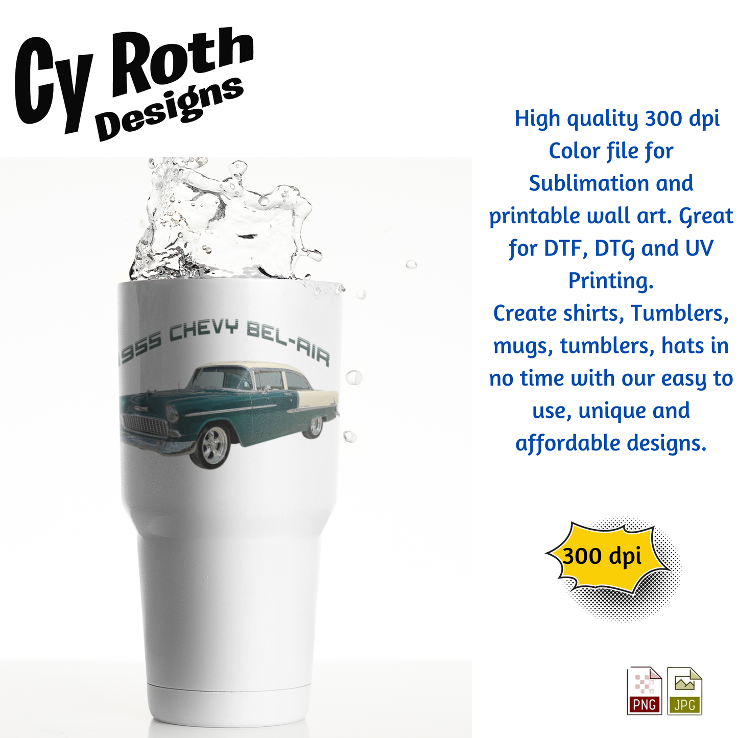 White tumbler with 1955 Chevy Bel Air sublimation graphic