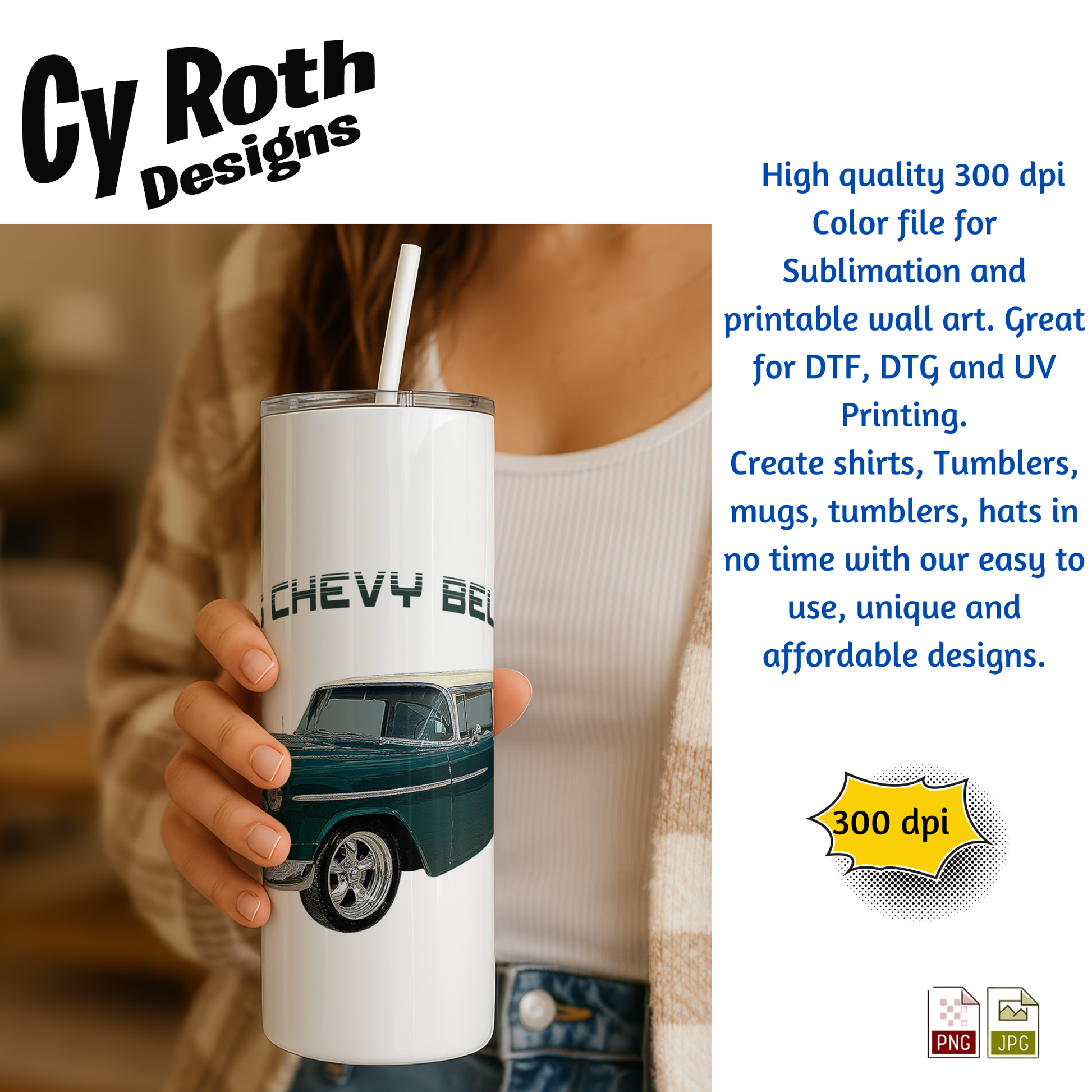 Woman holding tumbler with image of 1955 Chevy Bel Air 