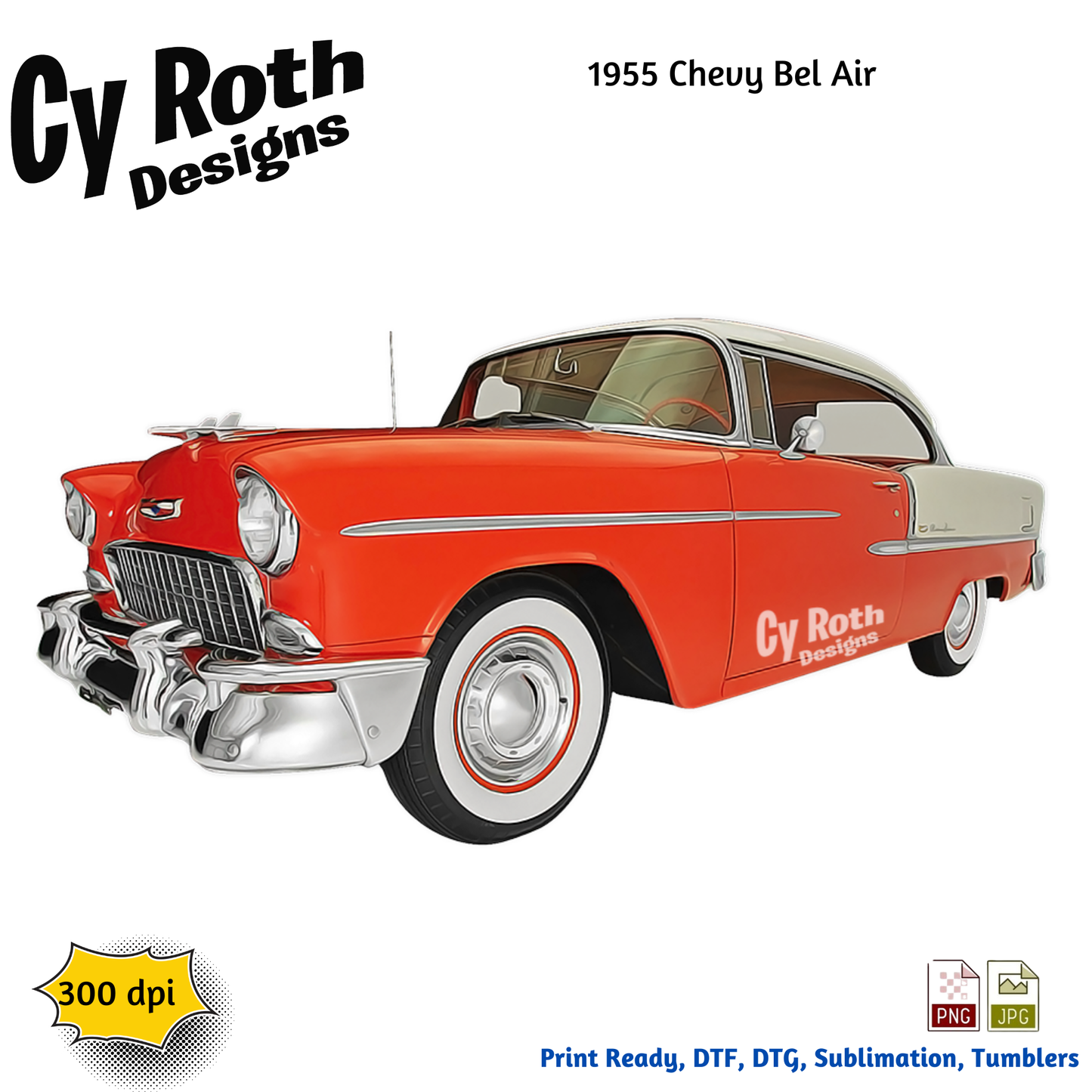 1955 Chevy Bel Air sublimation design for tumblers, T-Shirts, Wall Art (PNG, SVG Digital Download) by CyRoth Designs, the leading provider in car and truck images.