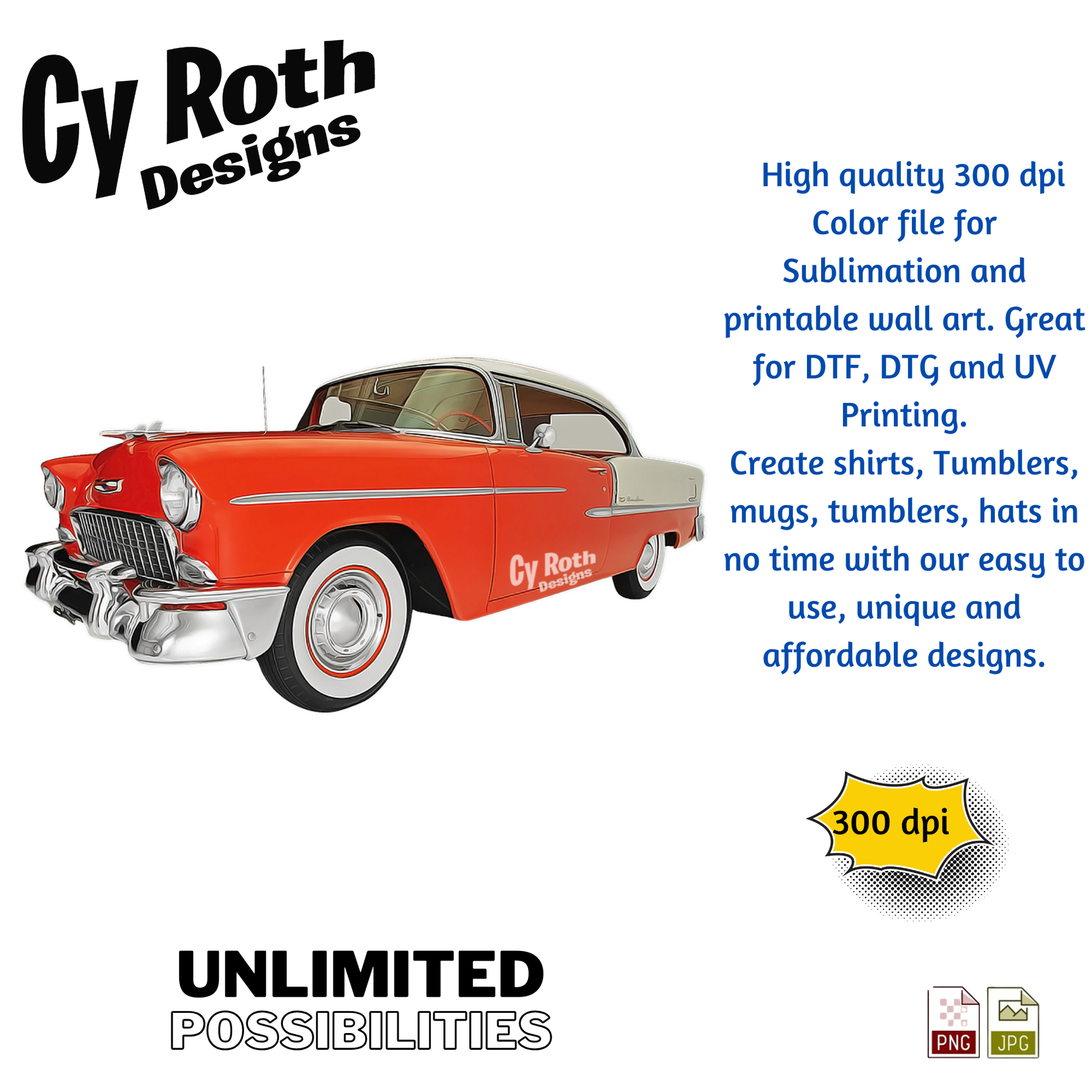 1955 Chevy Bel Air sublimation design for tumblers, T-Shirts, Wall Art (PNG, SVG Digital Download) by CyRoth Designs, the leading provider in car and truck images.