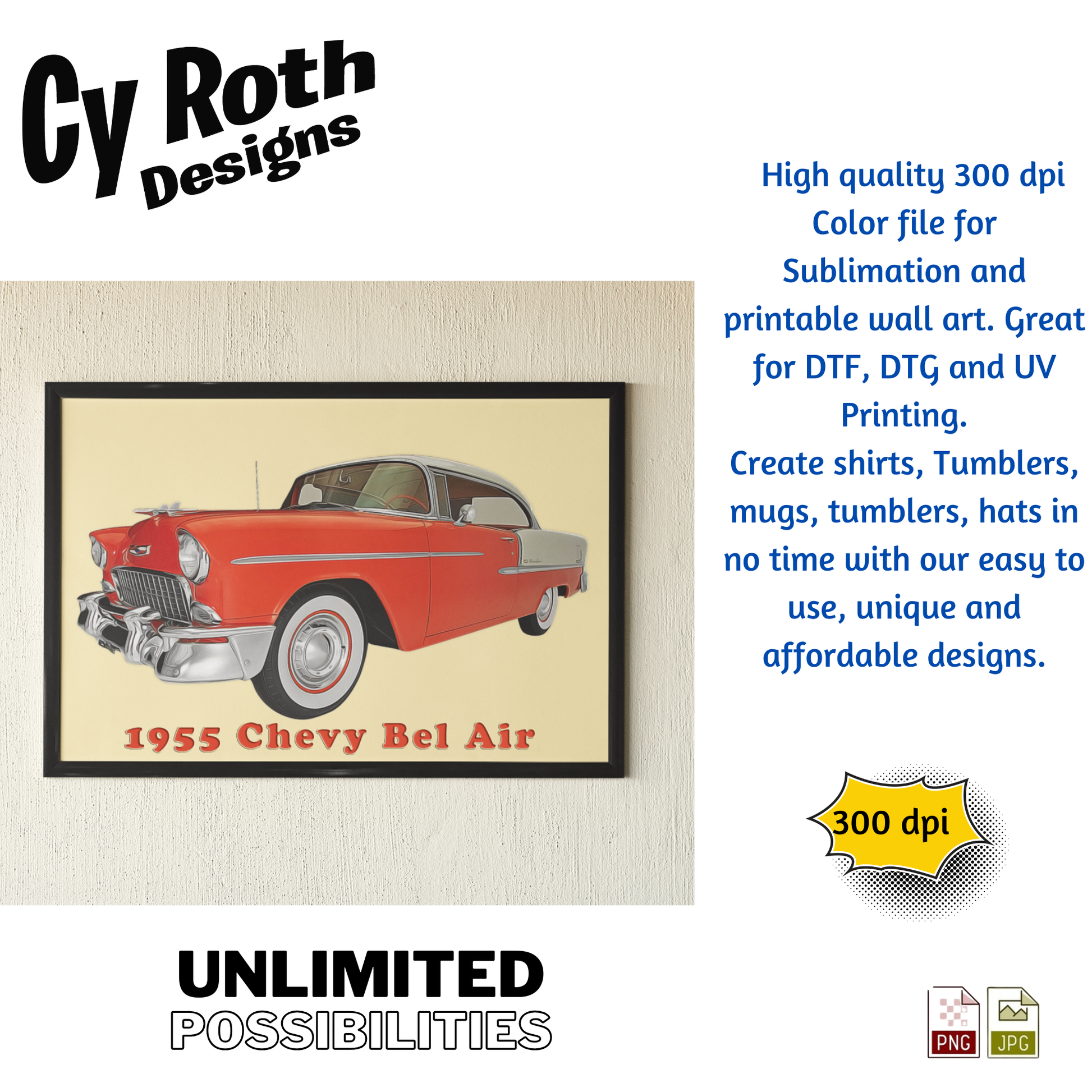 Framed print of a 1955 Chevy Bel Air on a beige wall. By CyRoth Designs branding.