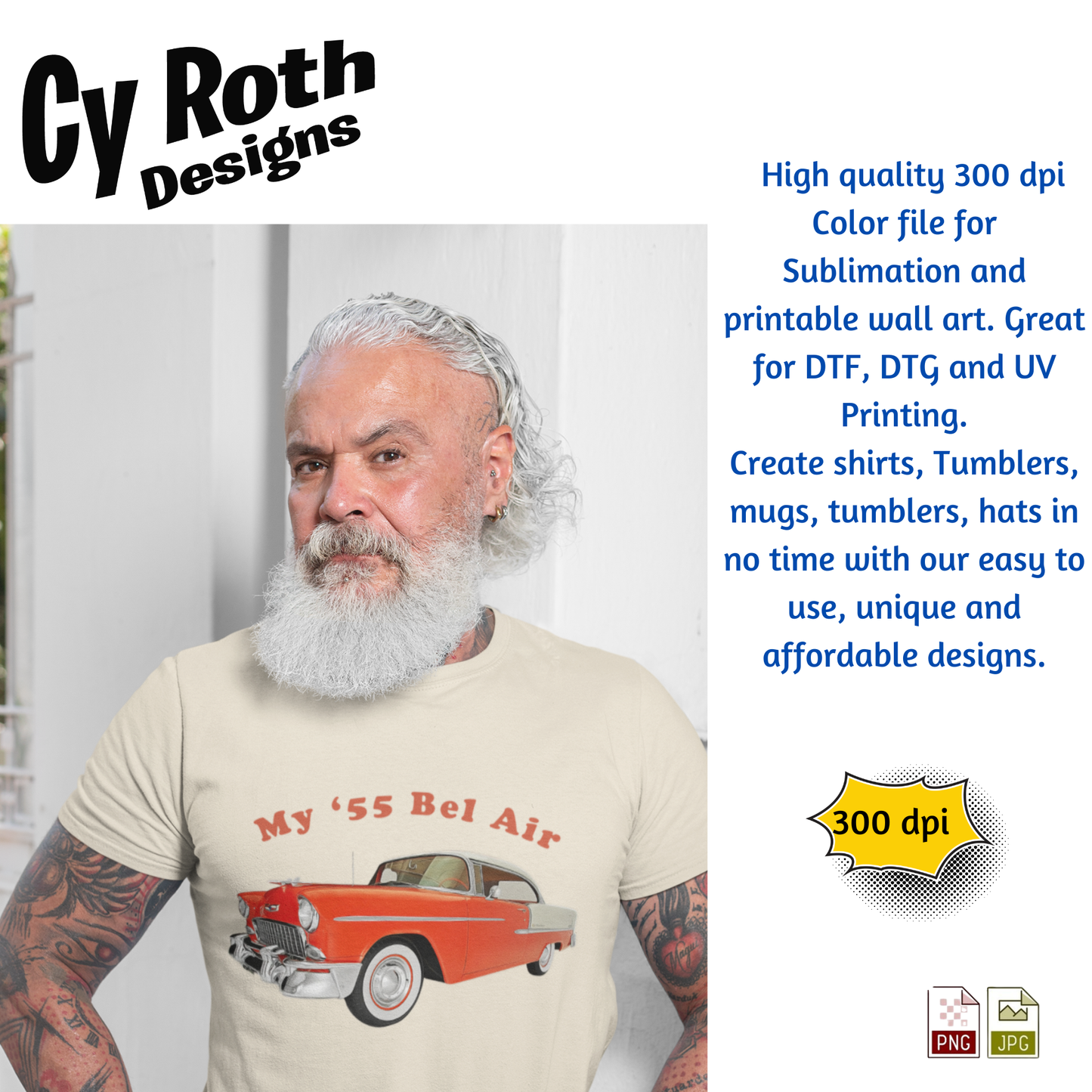 Man wearing a t-shirt with a Chevy Bel Air graphic and 'My '55 Bel Air' text, with CyRoth Designs branding.