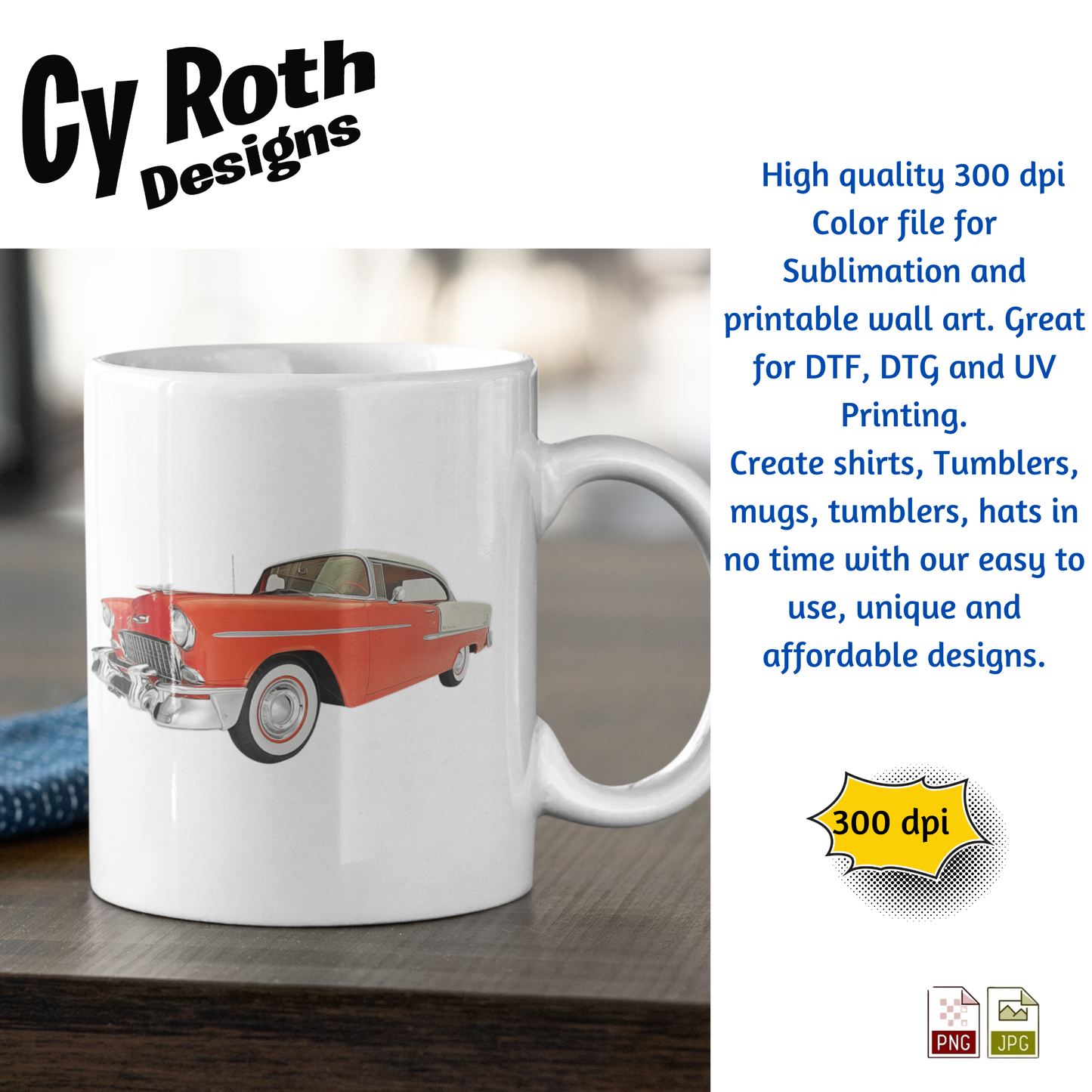 Coffee mug with 1955 Chevy Bel Air sublimation design by CyRoth Designs, the leading provider in car and truck images.