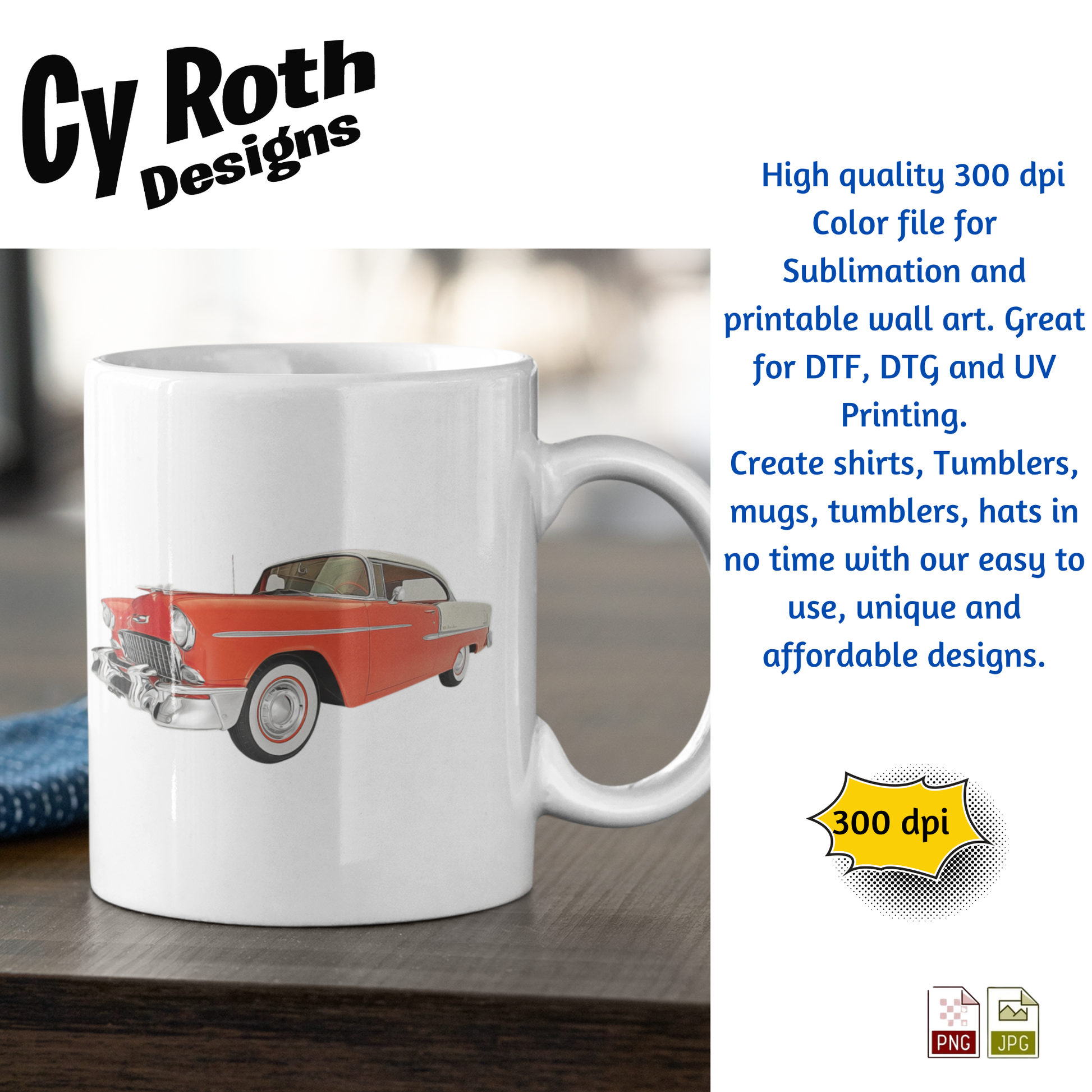 Coffee mug with 1955 Chevy Bel Air sublimation design by CyRoth Designs, the leading provider in car and truck images.
