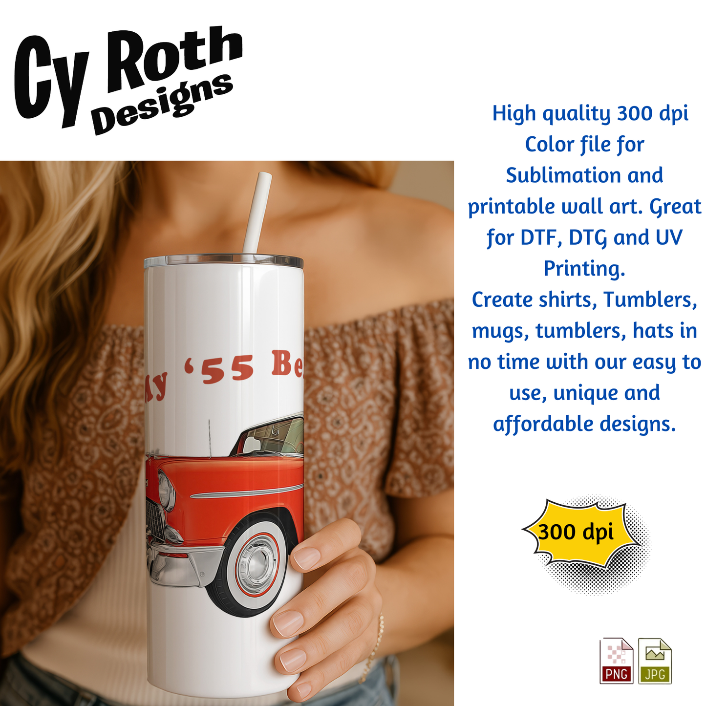 Woman holding tumbler with 1955 Chevy Bel Air