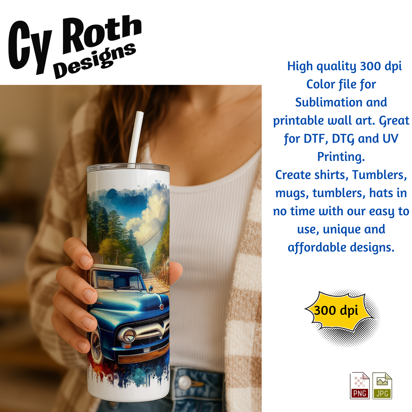 Woman holding tumbler with image of a 1955 Ford Truck