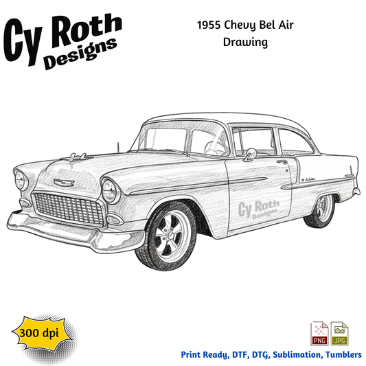 1955 Chevy Bel Air sublimation design for tumblers, T-Shirts, Wall Art (PNG, SVG Digital Download).