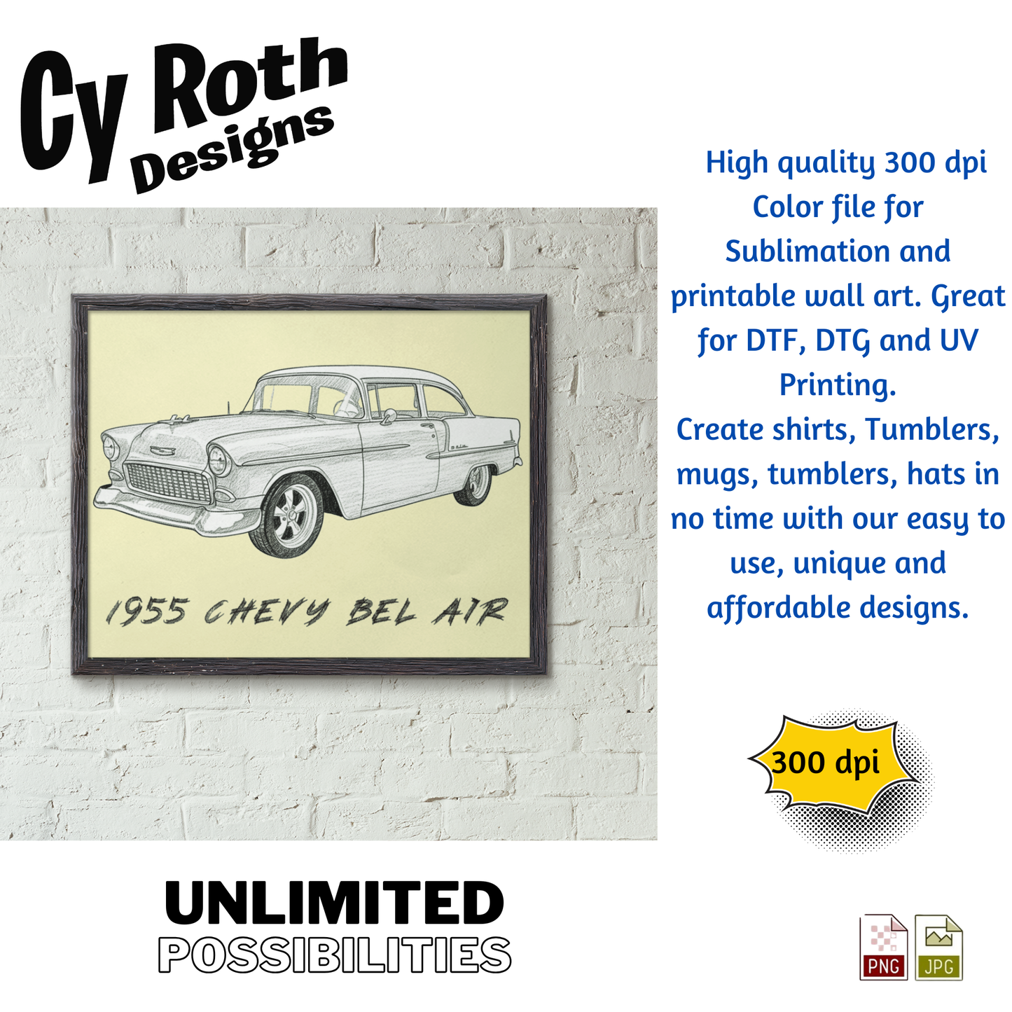 Framed artwork of a 1955 Chevy Bel Air drawing by CyRoth Designs