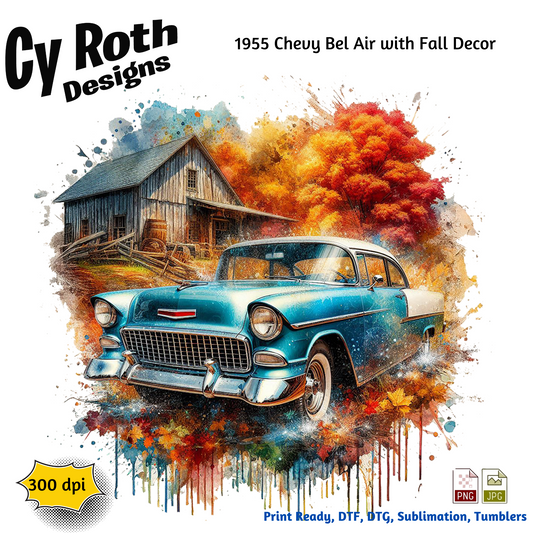 1955 Chevy Bel Air Sublimation Wall Art 20oz skinny Tumbler PNG JPG file, shirt PNG, Junk Journal image