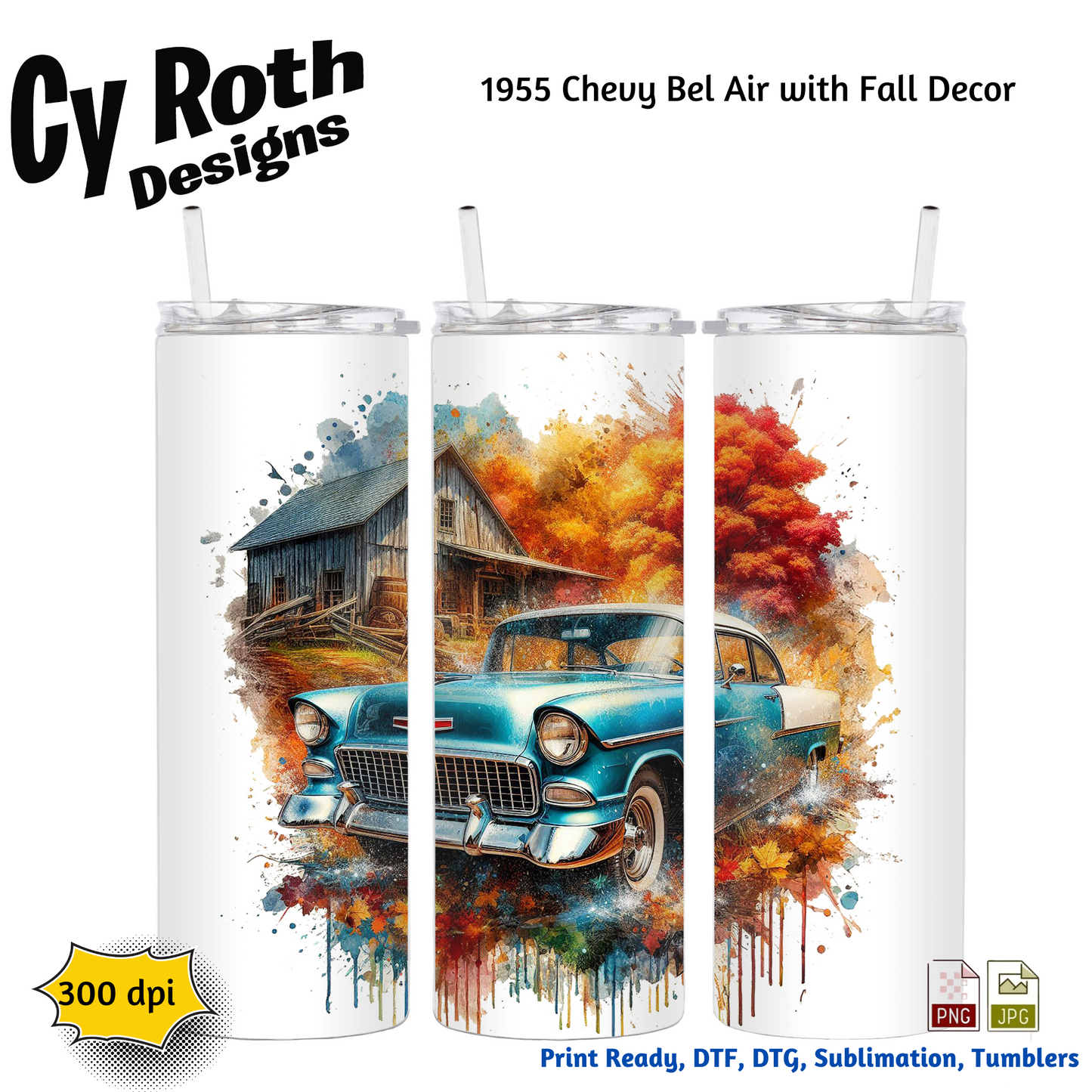 1955 Chevy Bel Air Sublimation Wall Art 20oz skinny Tumbler PNG JPG file, shirt PNG, Junk Journal image