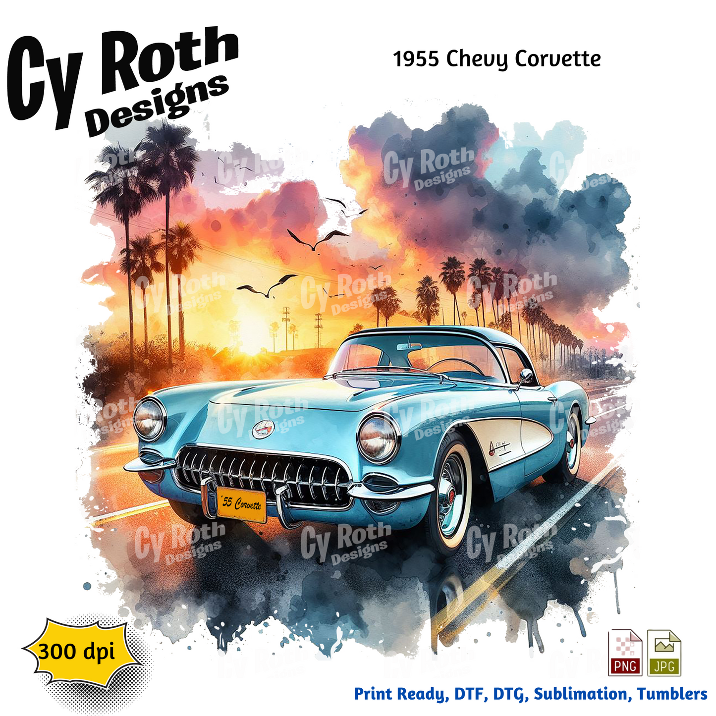 1955 Corvette Sublimation PNG JPG file, Wall Art 20oz skinny Tumbler, shirt PNG, Junk Journal image