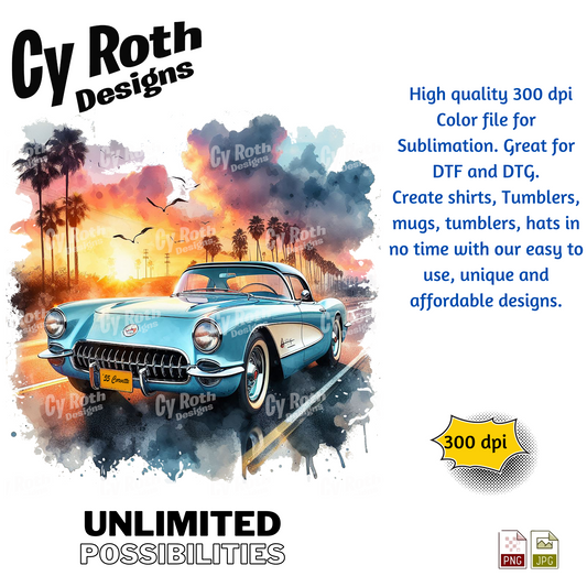 1955 Corvette Sublimation PNG JPG file, Wall Art 20oz skinny Tumbler, shirt PNG, Junk Journal image