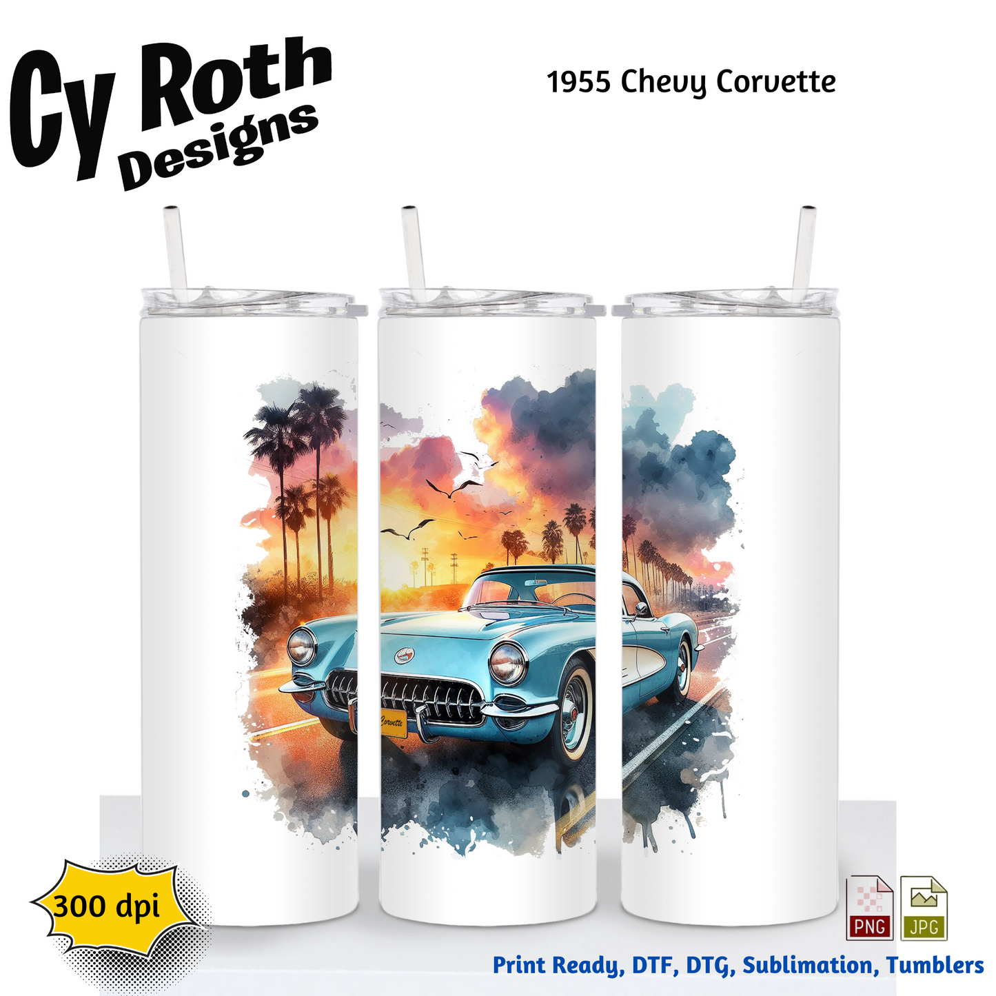 1955 Corvette Sublimation PNG JPG file, Wall Art 20oz skinny Tumbler, shirt PNG, Junk Journal image