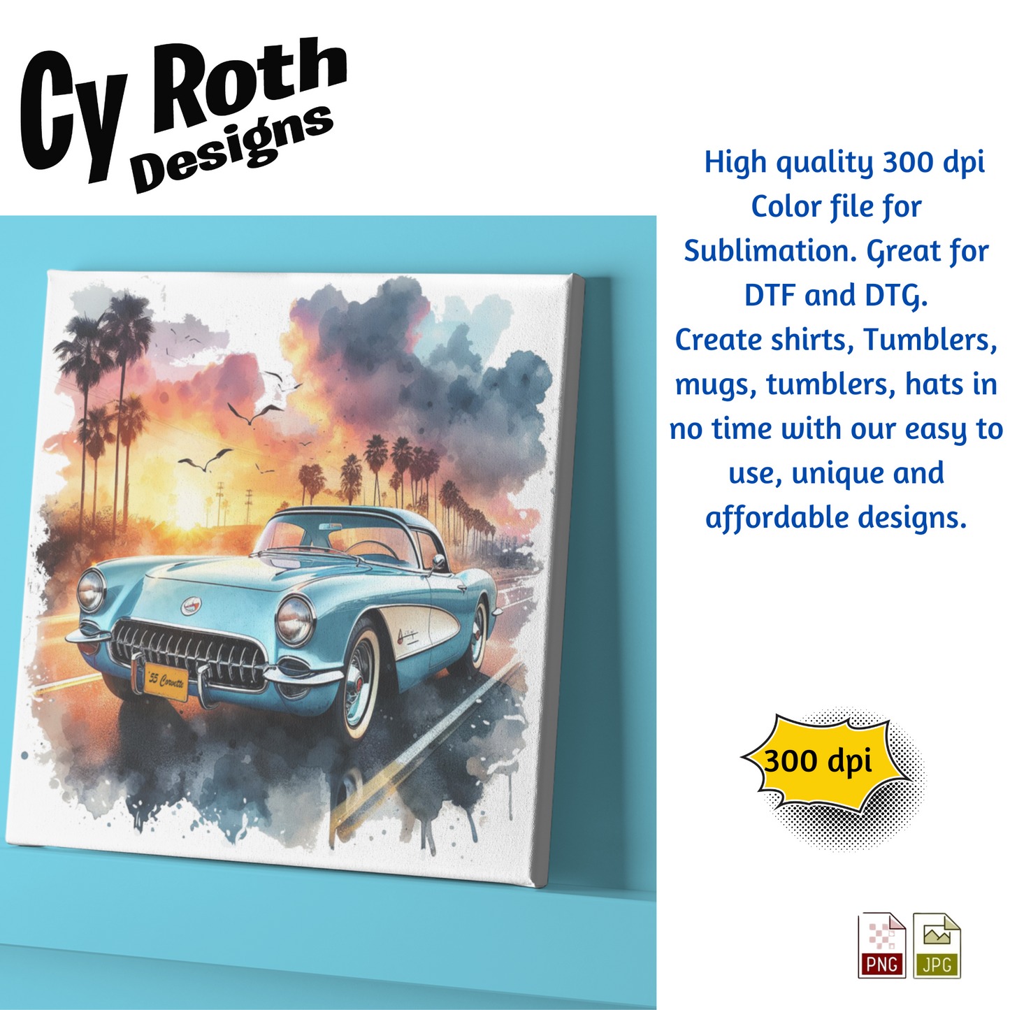 1955 Corvette Sublimation PNG JPG file, Wall Art 20oz skinny Tumbler, shirt PNG, Junk Journal image