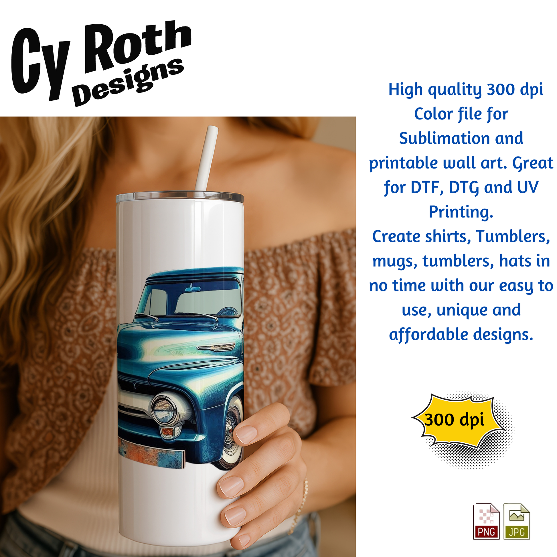 Woman holding tumbler with 1955 Ford Truck Sublimation Design