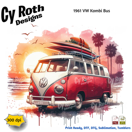 1961 VW Bus Sublimation PNG JPG file, Wall Art 20oz skinny Tumbler, shirt PNG, Junk Journal image