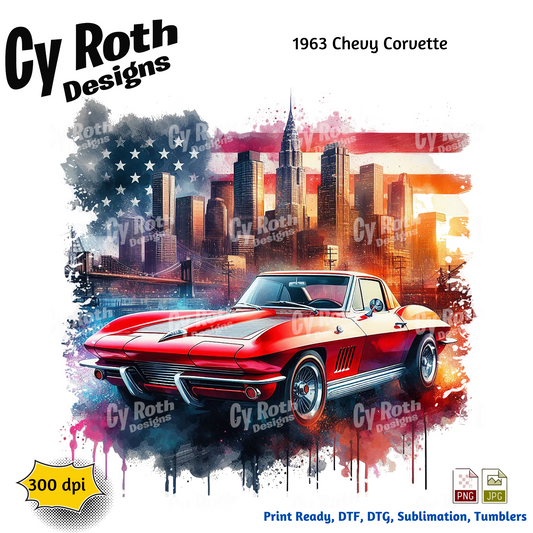 1963 Corvette Sublimation PNG JPG file, Wall Art 20oz skinny Tumbler, shirt PNG, Junk Journal image