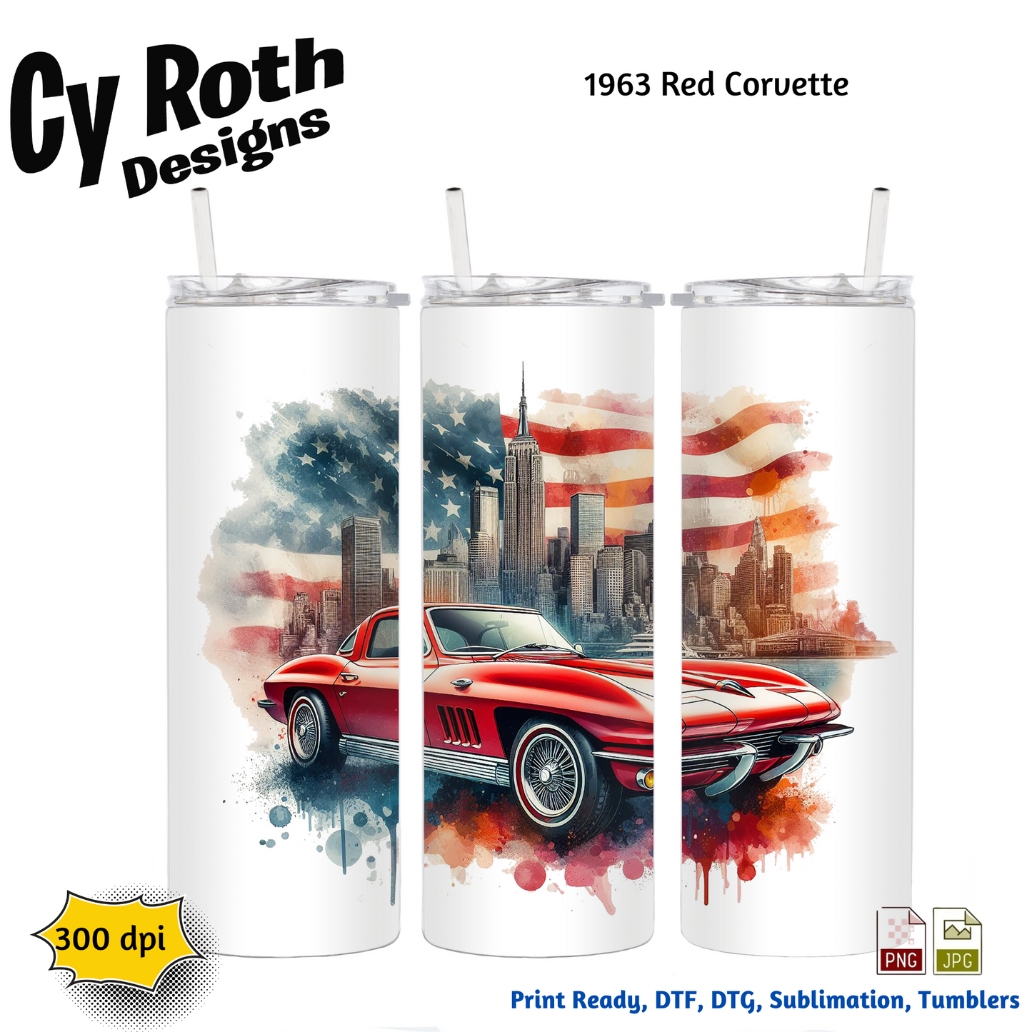 1963 Corvette Sublimation Wall Art 20oz skinny Tumbler PNG JPG file, shirt PNG, Junk Journal image