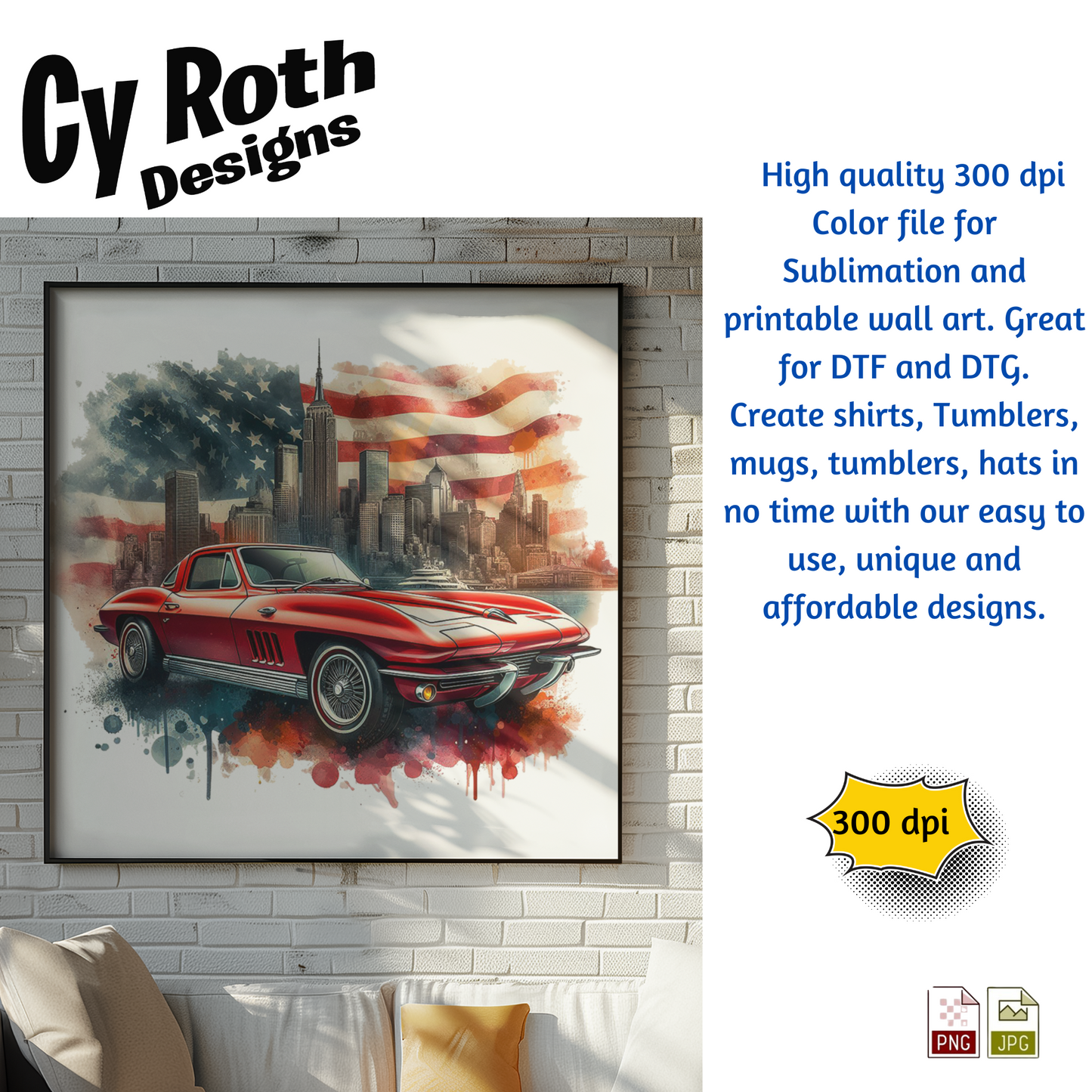 1963 Corvette Sublimation Wall Art 20oz skinny Tumbler PNG JPG file, shirt PNG, Junk Journal image