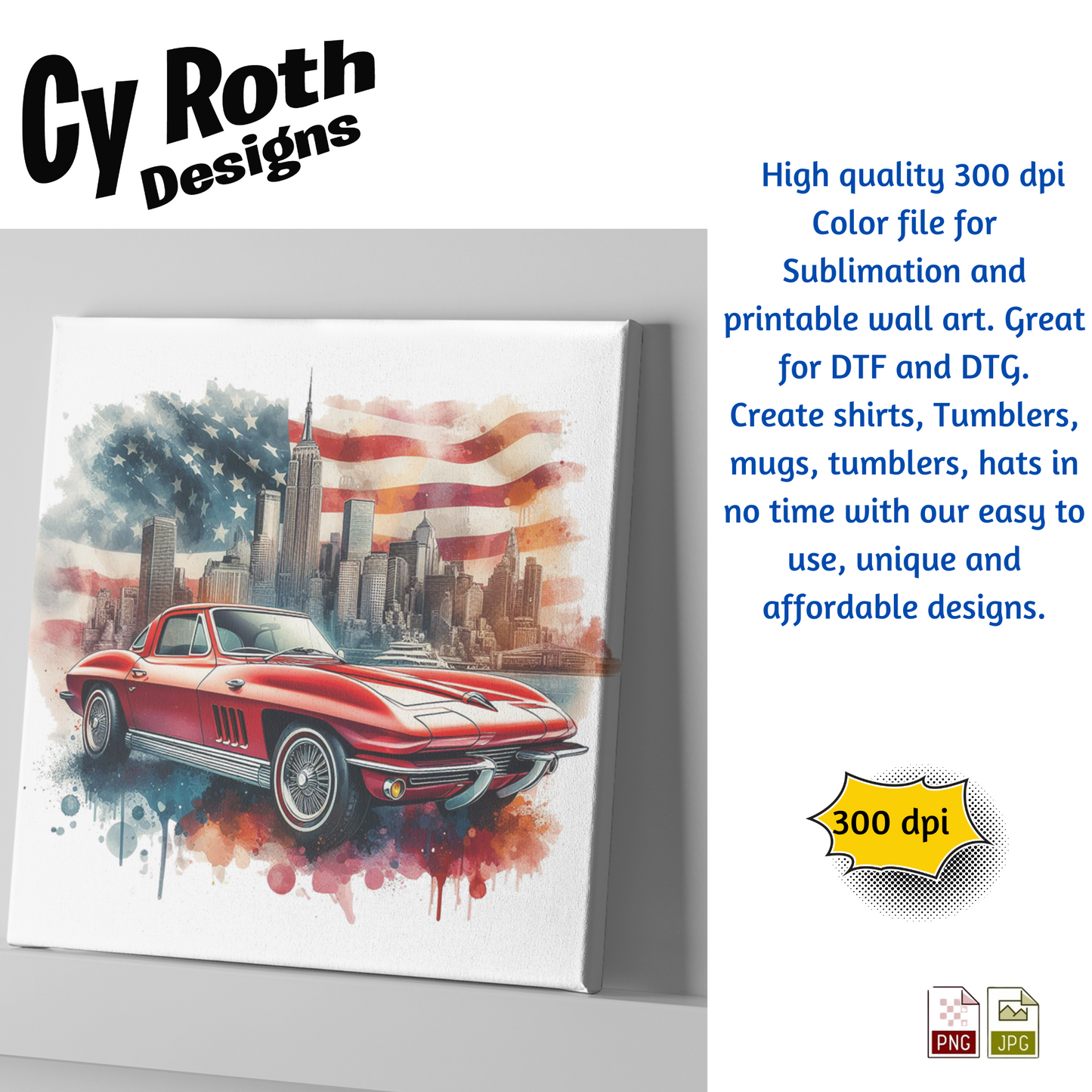 1963 Corvette Sublimation Wall Art 20oz skinny Tumbler PNG JPG file, shirt PNG, Junk Journal image