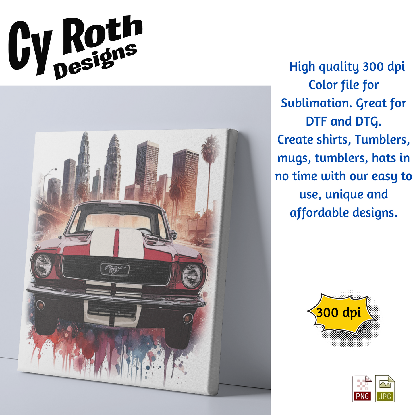 1966 Mustang Sublimation PNG JPG file, Wall Art 20oz skinny Tumbler, shirt PNG, Junk Journal image