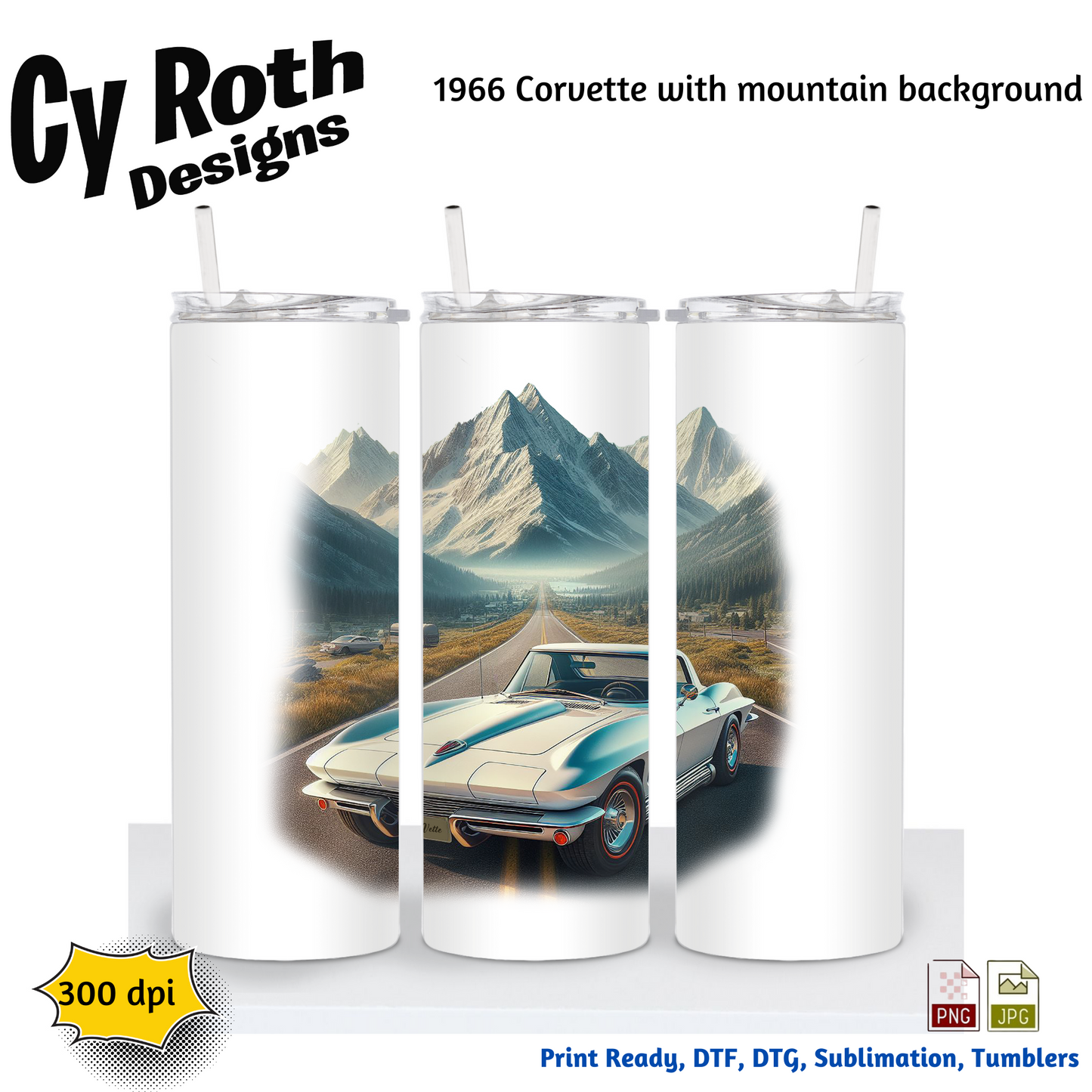 1966 Corvette Sublimation PNG JPG file, Wall Art 20oz skinny Tumbler, shirt PNG, Junk Journal image