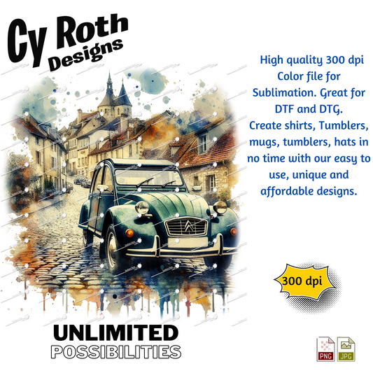 1970 Citroen 2CV Sublimation PNG JPG file, Wall Art 20oz skinny Tumbler, shirt PNG, Junk Journal image