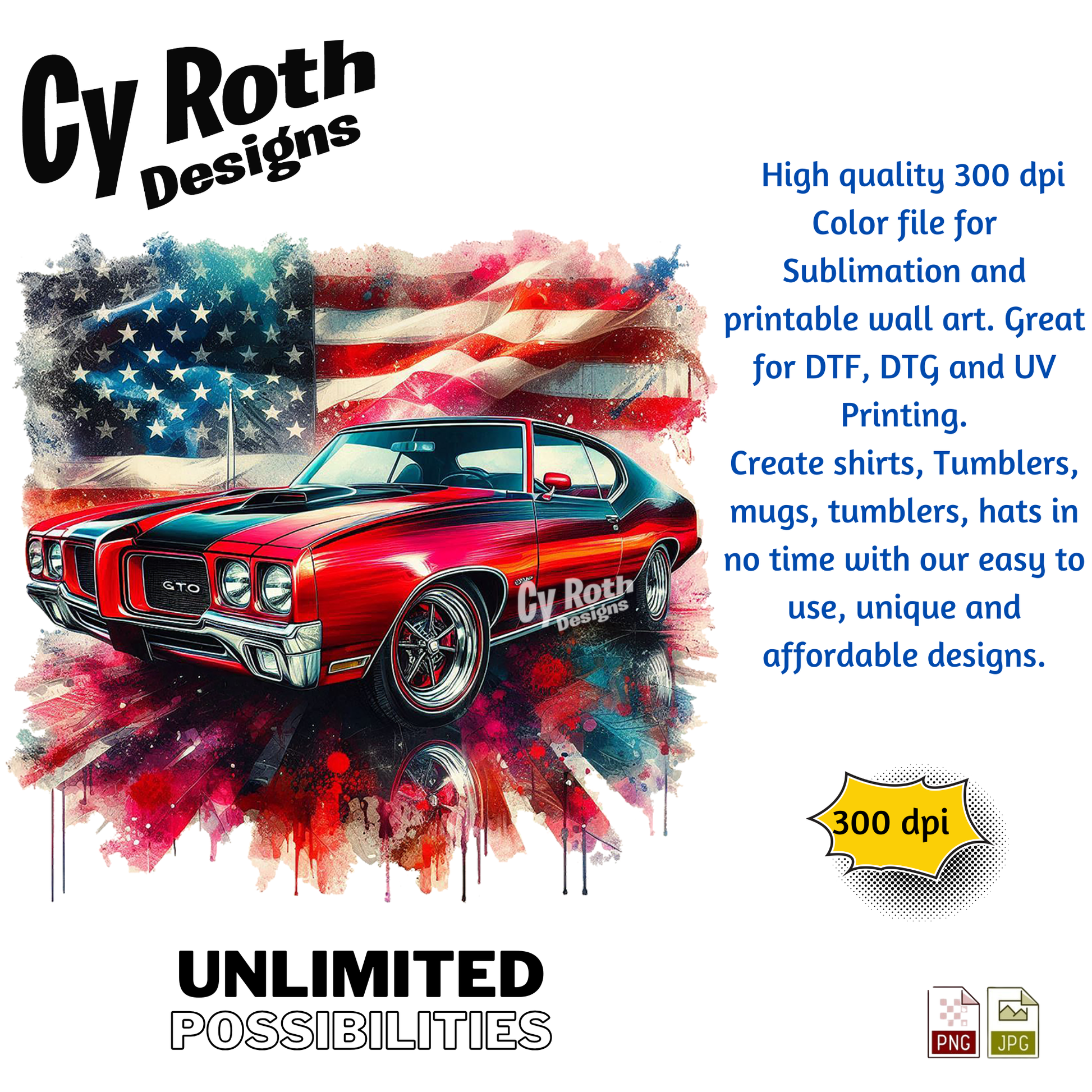 1970 Pontiac GTO Sublimation Design: Tumblers, Shirts, Wall Art (PNG, JPG Digital Download)