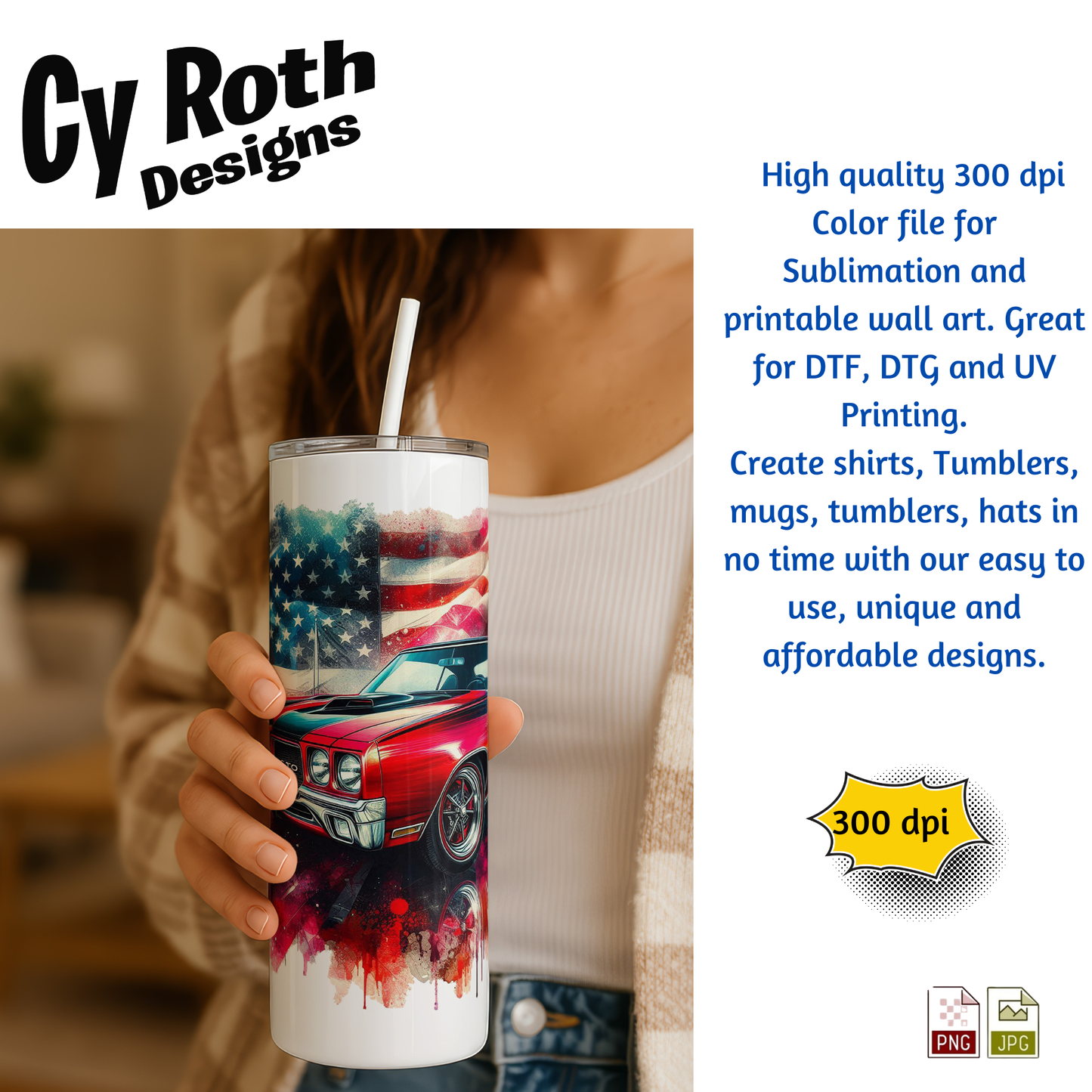 Woman holding tumbler with 1970 Pontiac GTO Sublimation Design