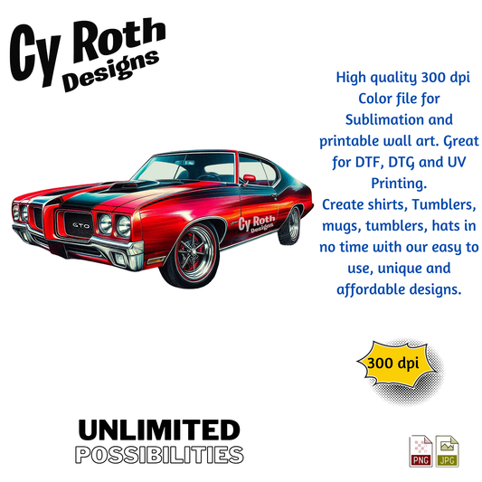 1970 Pontiac GTO Sublimation Design: Tumblers, Shirts, Wall Art (PNG, JPG Digital Download).
