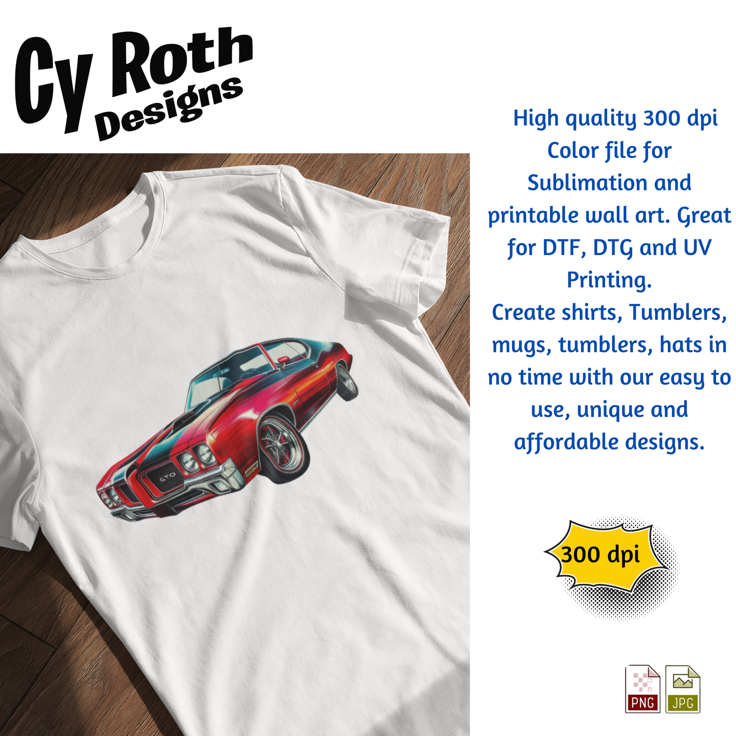 White t-shirt fearturing 1970 Pontiac GTO Sublimation Artwork by CyRoth Designs