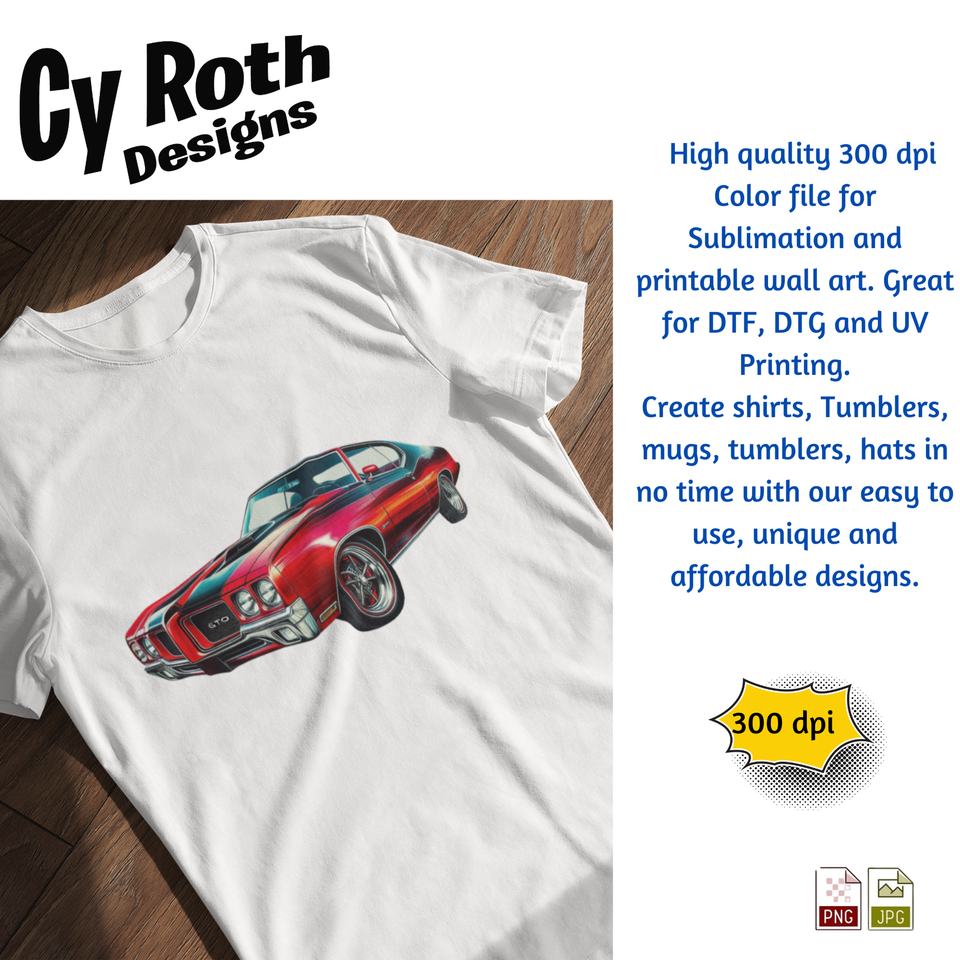White t-shirt fearturing 1970 Pontiac GTO Sublimation Artwork by CyRoth Designs