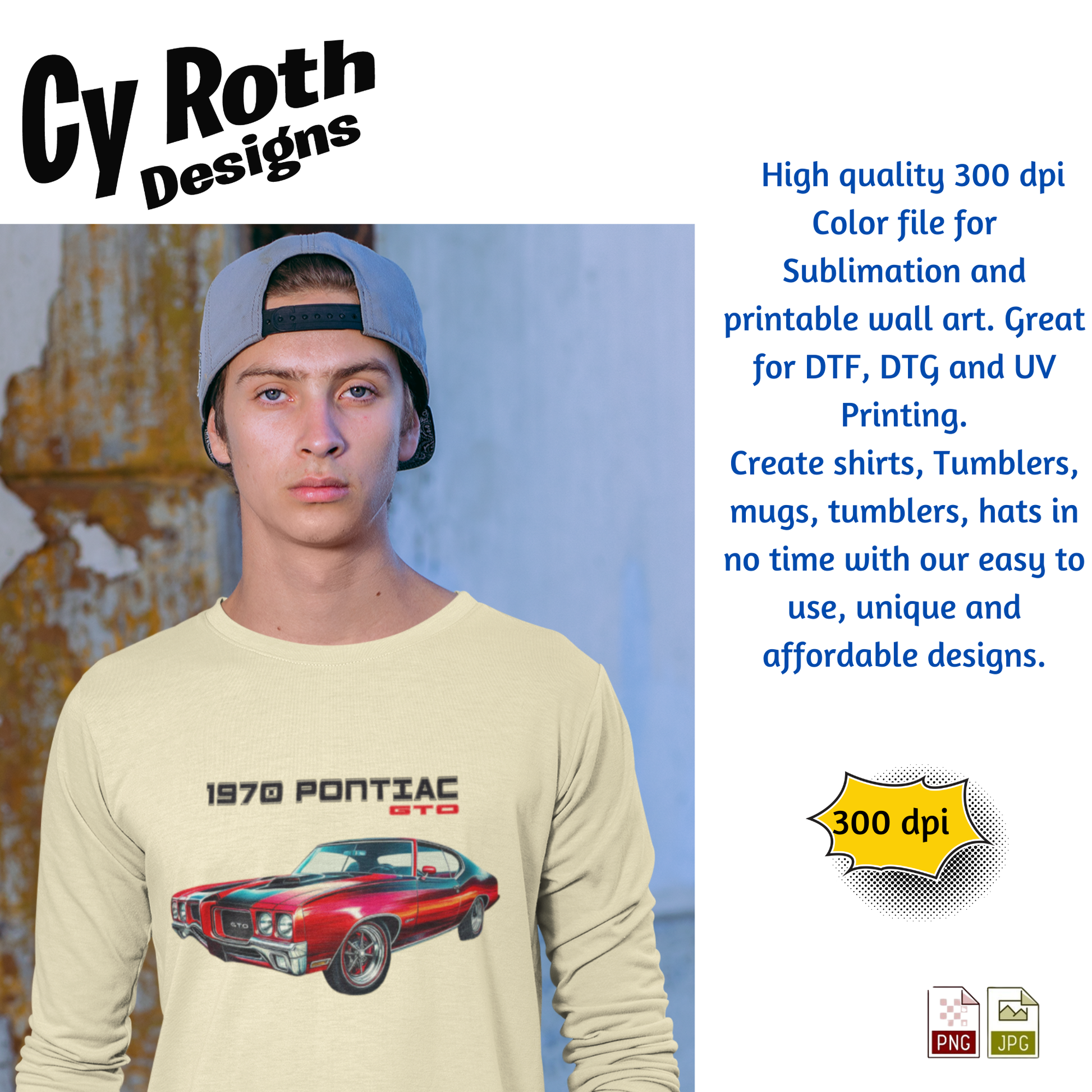 Man wearing shirt with image of a 1970 Pontiac GTO 