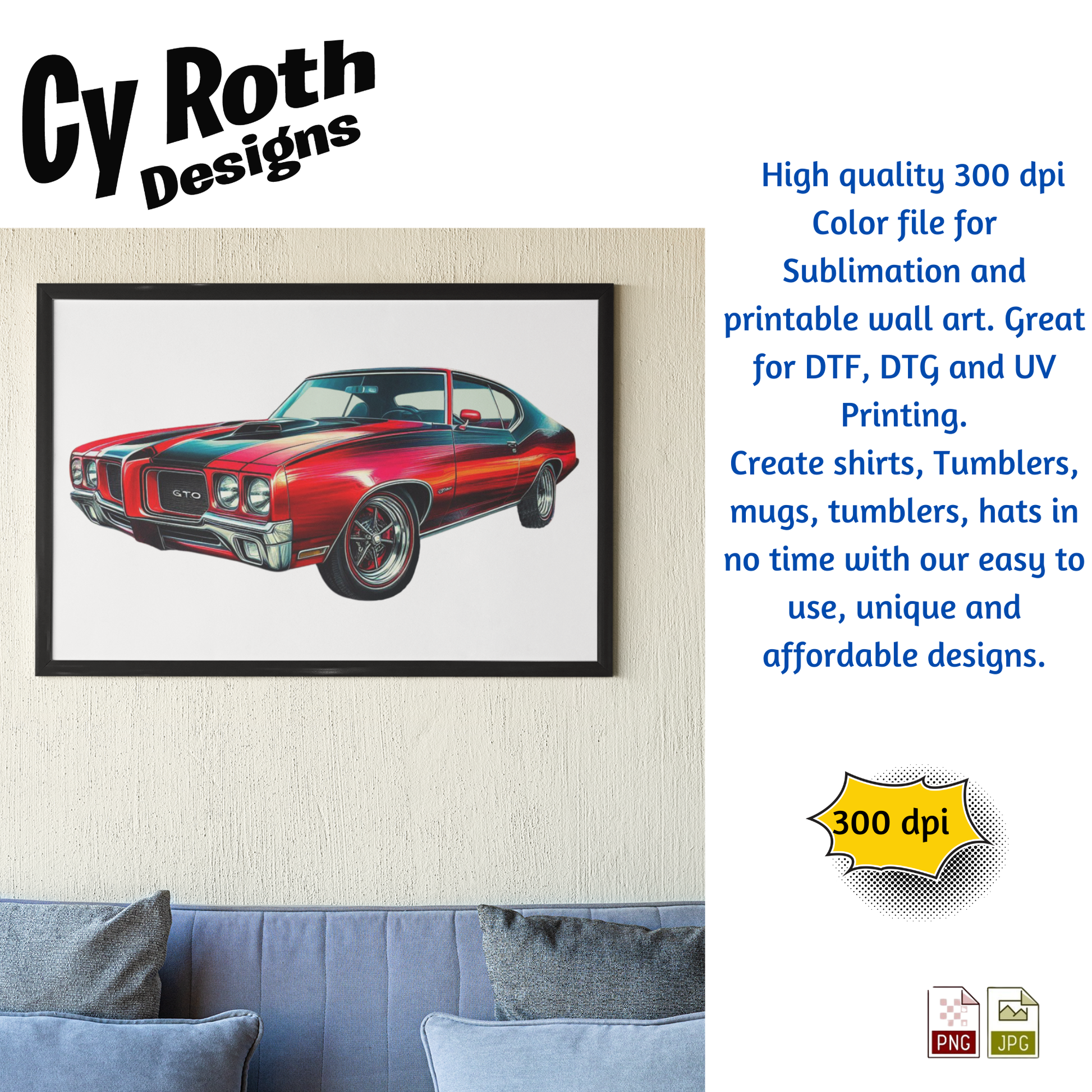 Framed artwork of a 1970 Pontiac GTO created by CyRoth Designs