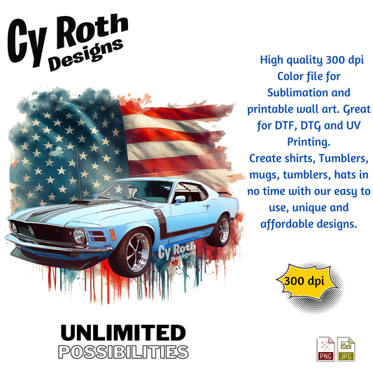 1970 Ford Mustang with American Flag sublimation design for tumblers, T-Shirts, Wall Art (PNG, SVG Digital Download) by CyRoth Designs, the leader in car and truck art work