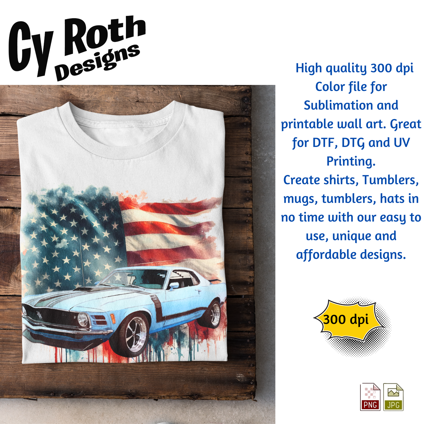 White t-shirt with image of 1970 Ford Mustang in front of American Flag