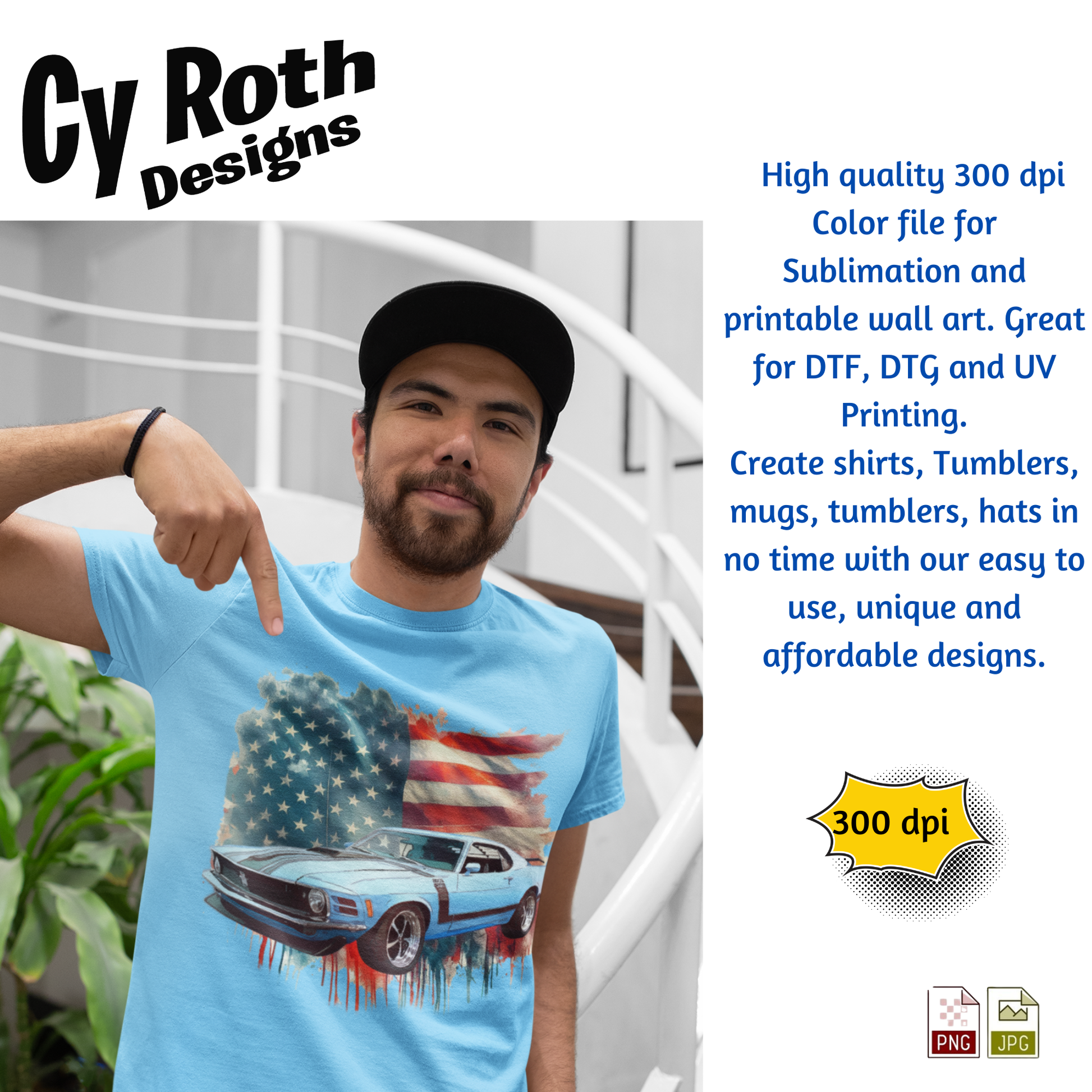 Man wearing blue t-shirt featuring 1970 Ford Mustang with American Flag sublimation design by CyRoth Designs, the leader in car and truck art work