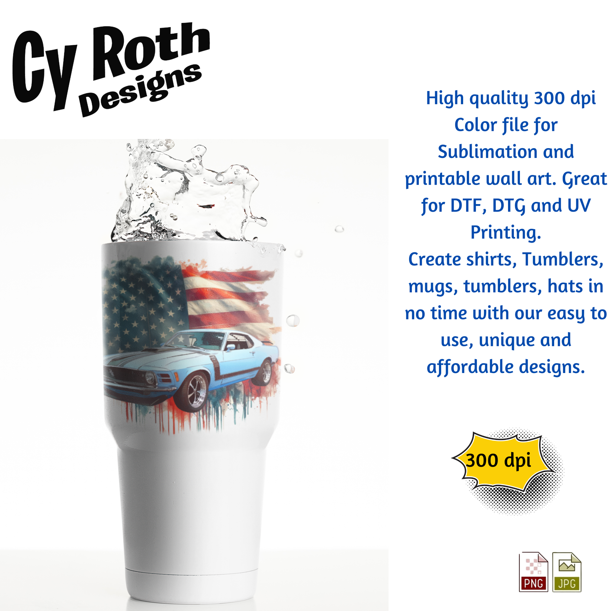 White tumbler with 1970 Ford Mustang with American Flag sublimation design for tumblers by CyRoth Designs, the leader in car and truck art work