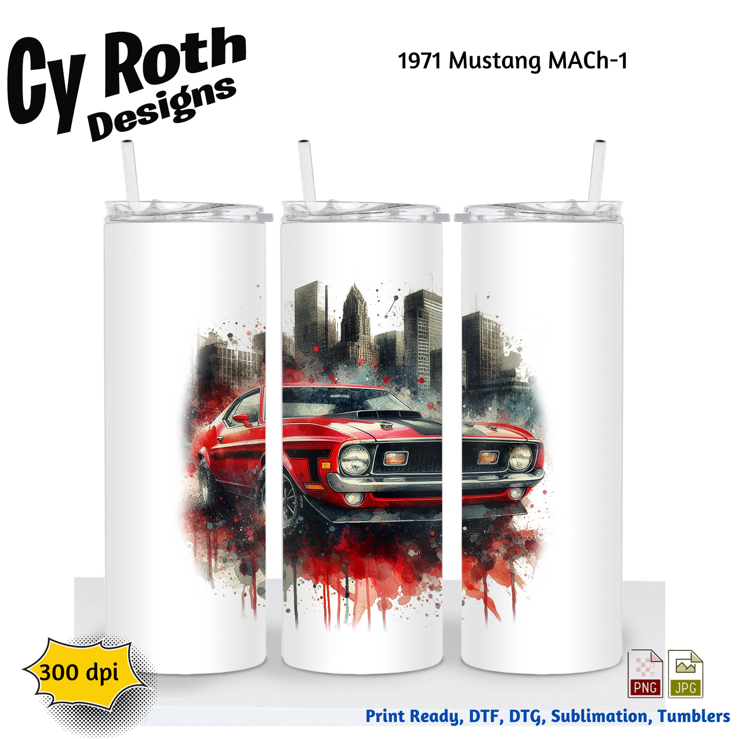 1971 Ford Mustang Mach-1 Sublimation PNG JPG file, Wall Art 20oz skinny Tumbler, shirt PNG, Junk Journal image