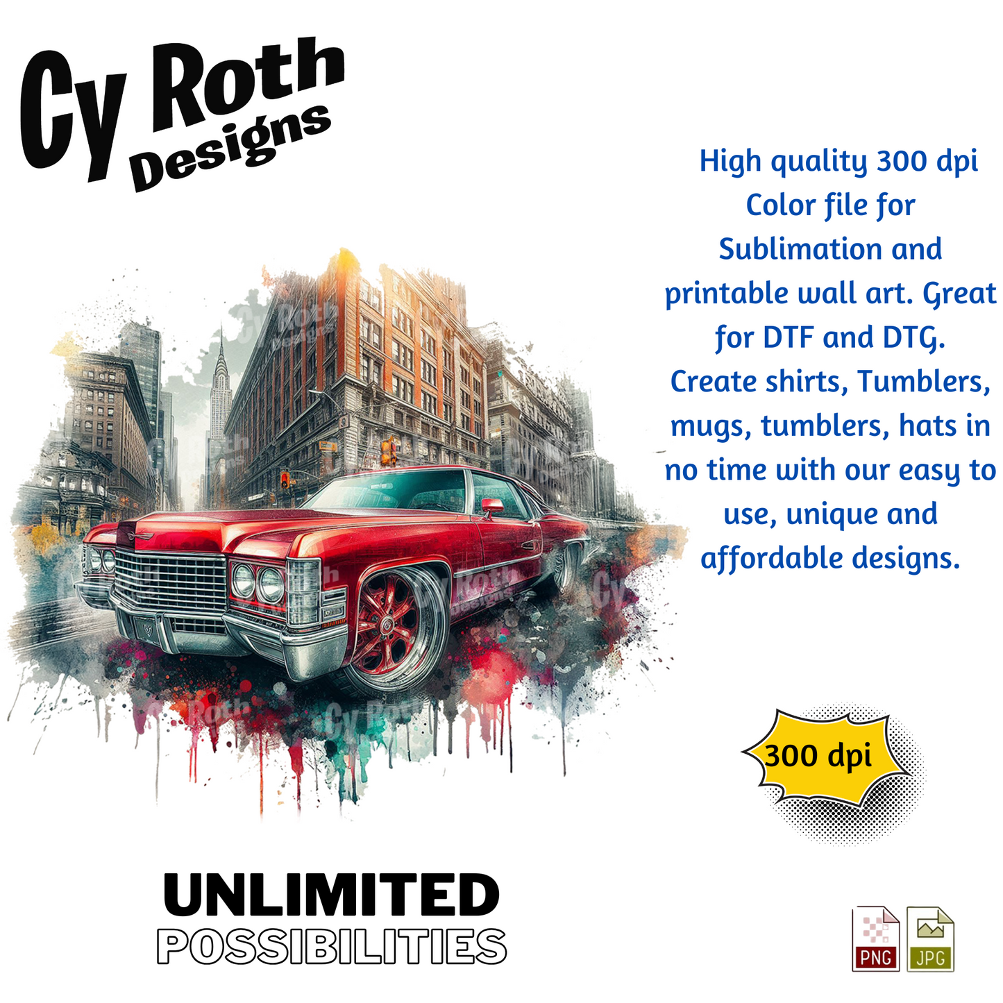 1972 Cadillac Low Rider Sublimation PNG JPG file, Wall Art 20oz skinny Tumbler, shirt PNG, Junk Journal image