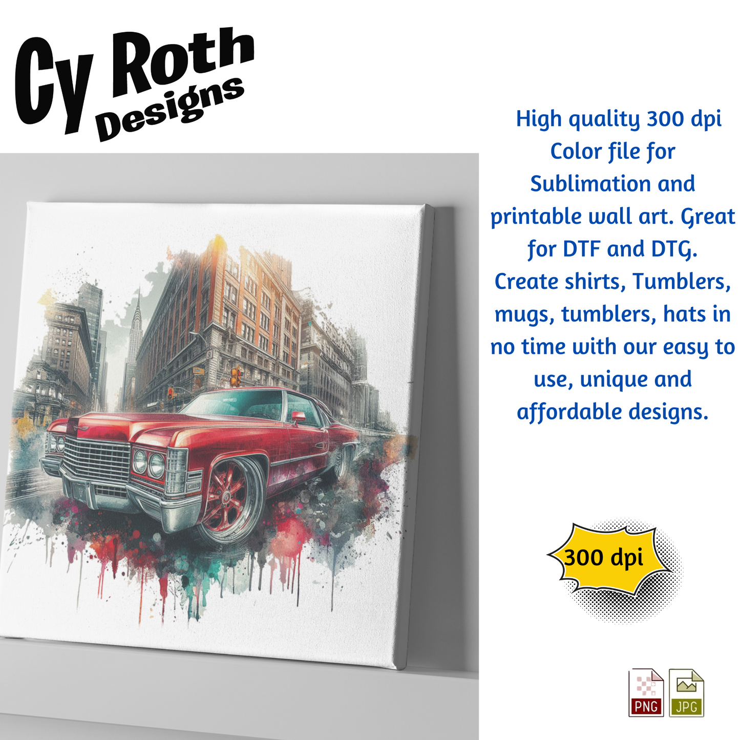 1972 Cadillac Low Rider Sublimation PNG JPG file, Wall Art 20oz skinny Tumbler, shirt PNG, Junk Journal image