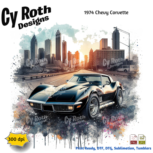 1974 Corvette Sublimation PNG JPG file, Wall Art 20oz skinny Tumbler, shirt PNG, Junk Journal image